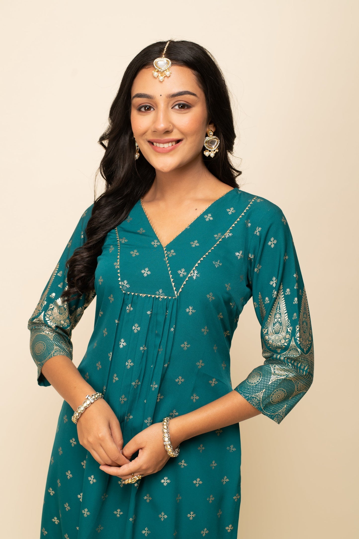 Women's Teal Blue Crepe A-Line Kurta Pant with dupatta