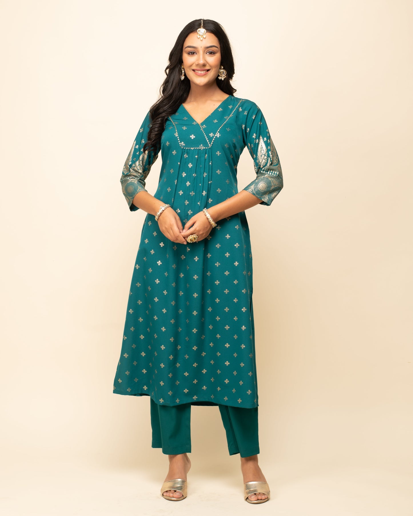 Women's Teal Blue Crepe A-Line Kurta Pant with dupatta