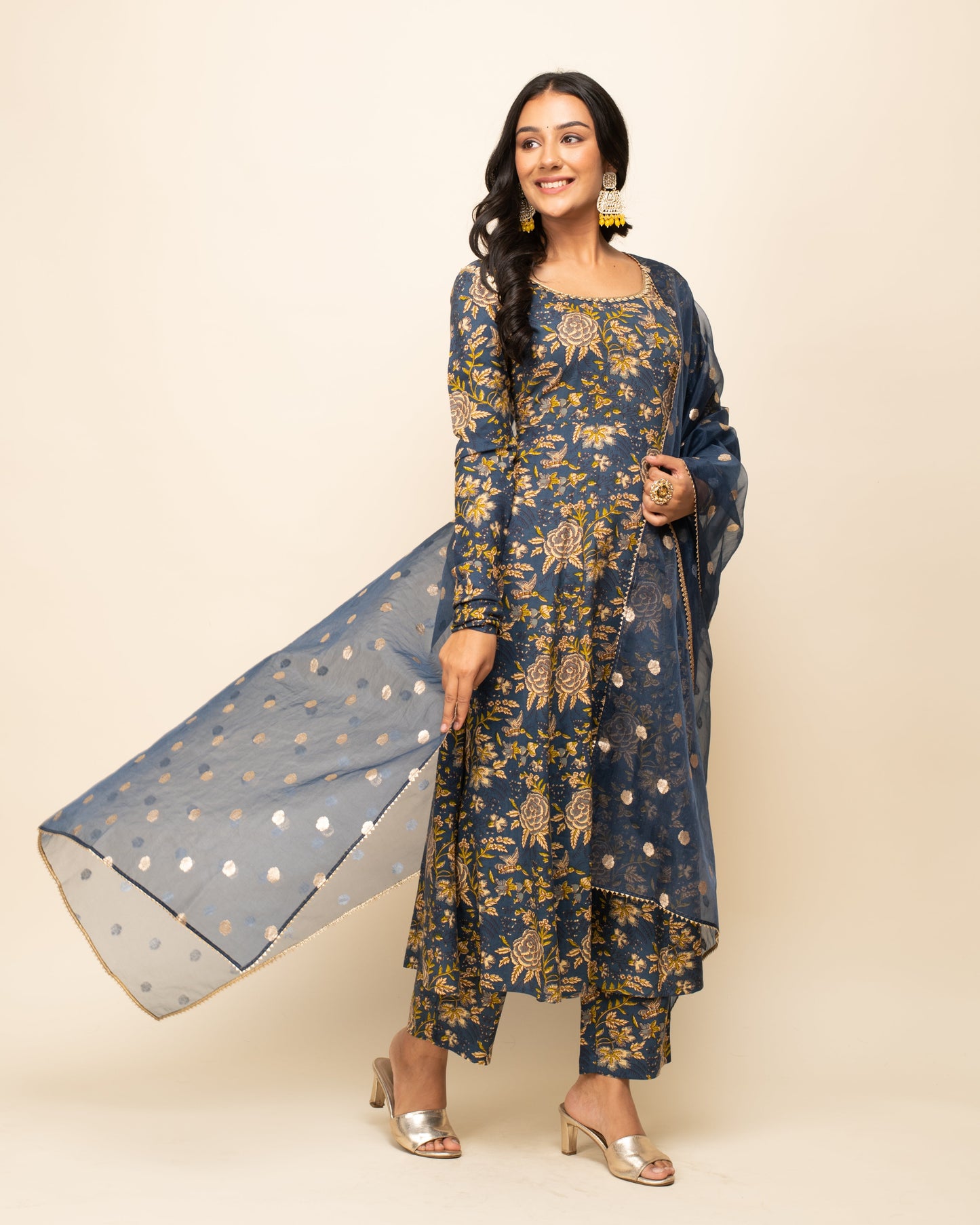 Women's Navy Blue Cotton A-line Kurta with Pant and Dupatta