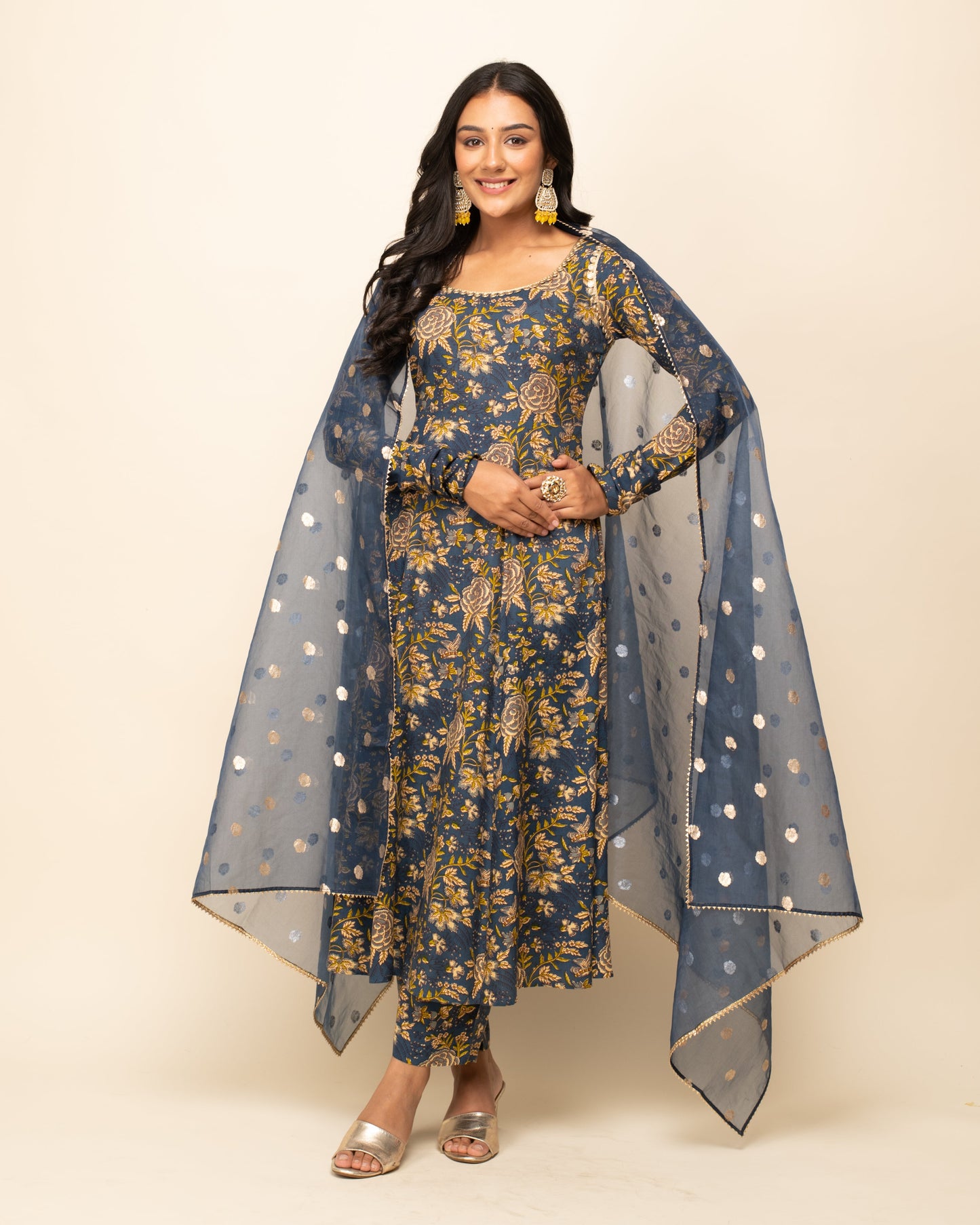Women's Navy Blue Cotton A-line Kurta with Pant and Dupatta