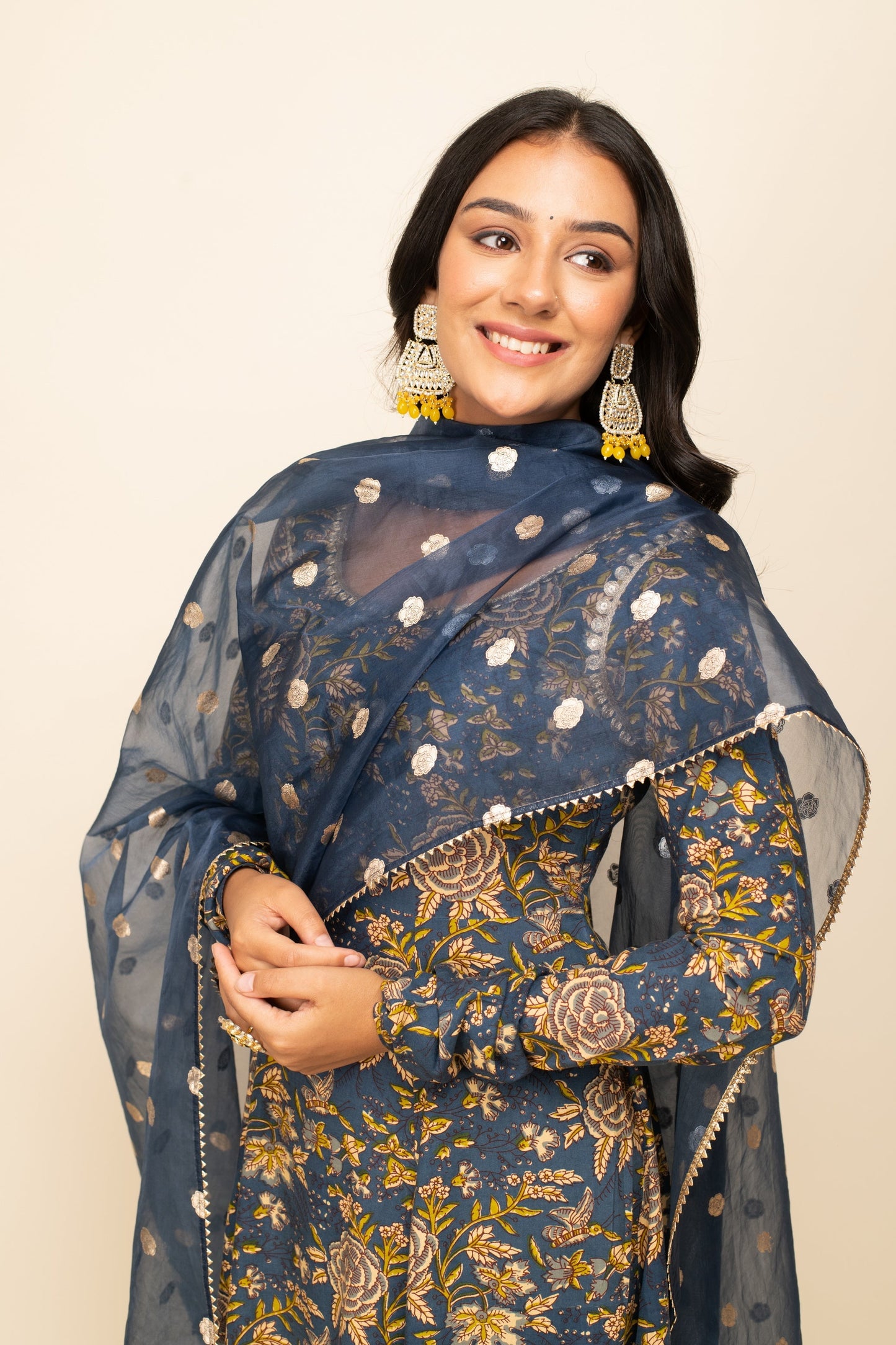 Women's Navy Blue Cotton A-line Kurta with Pant and Dupatta