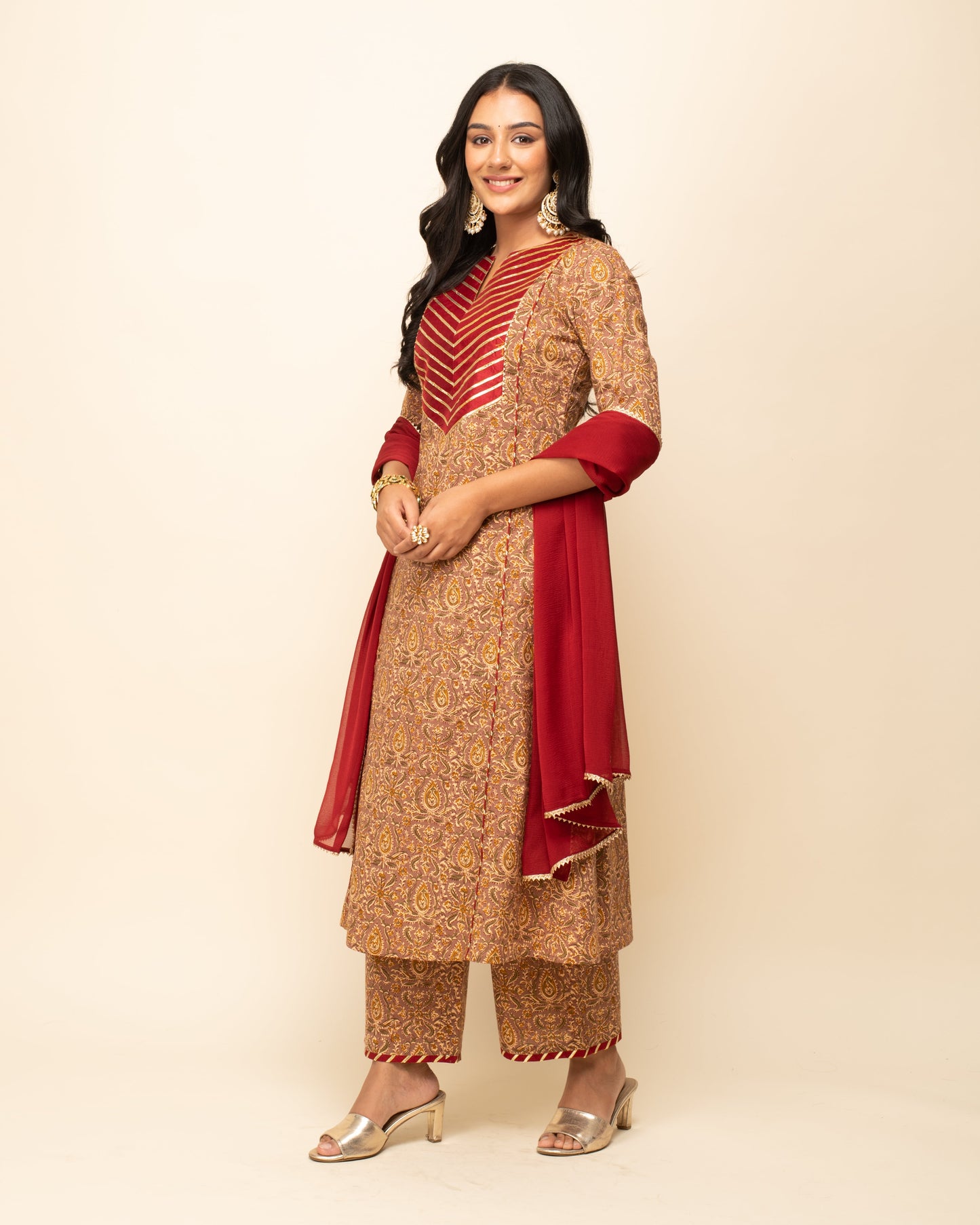 Women's Brown Cotton A-line Kurta with Pant and Dupatta
