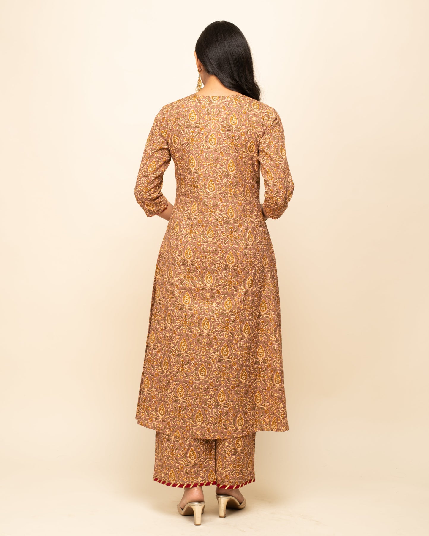 Women's Brown Cotton A-line Kurta with Pant and Dupatta