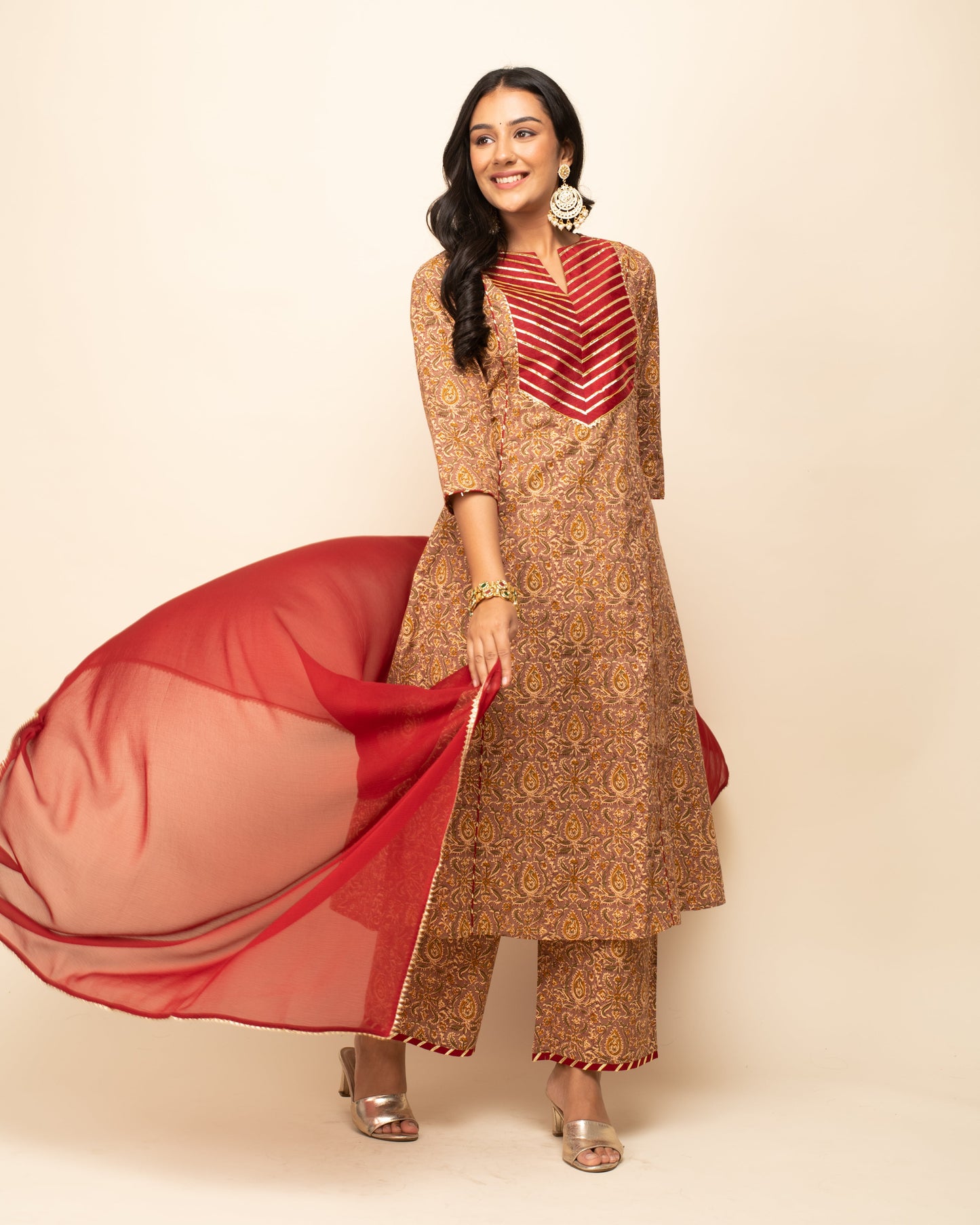 Women's Brown Cotton A-line Kurta with Pant and Dupatta