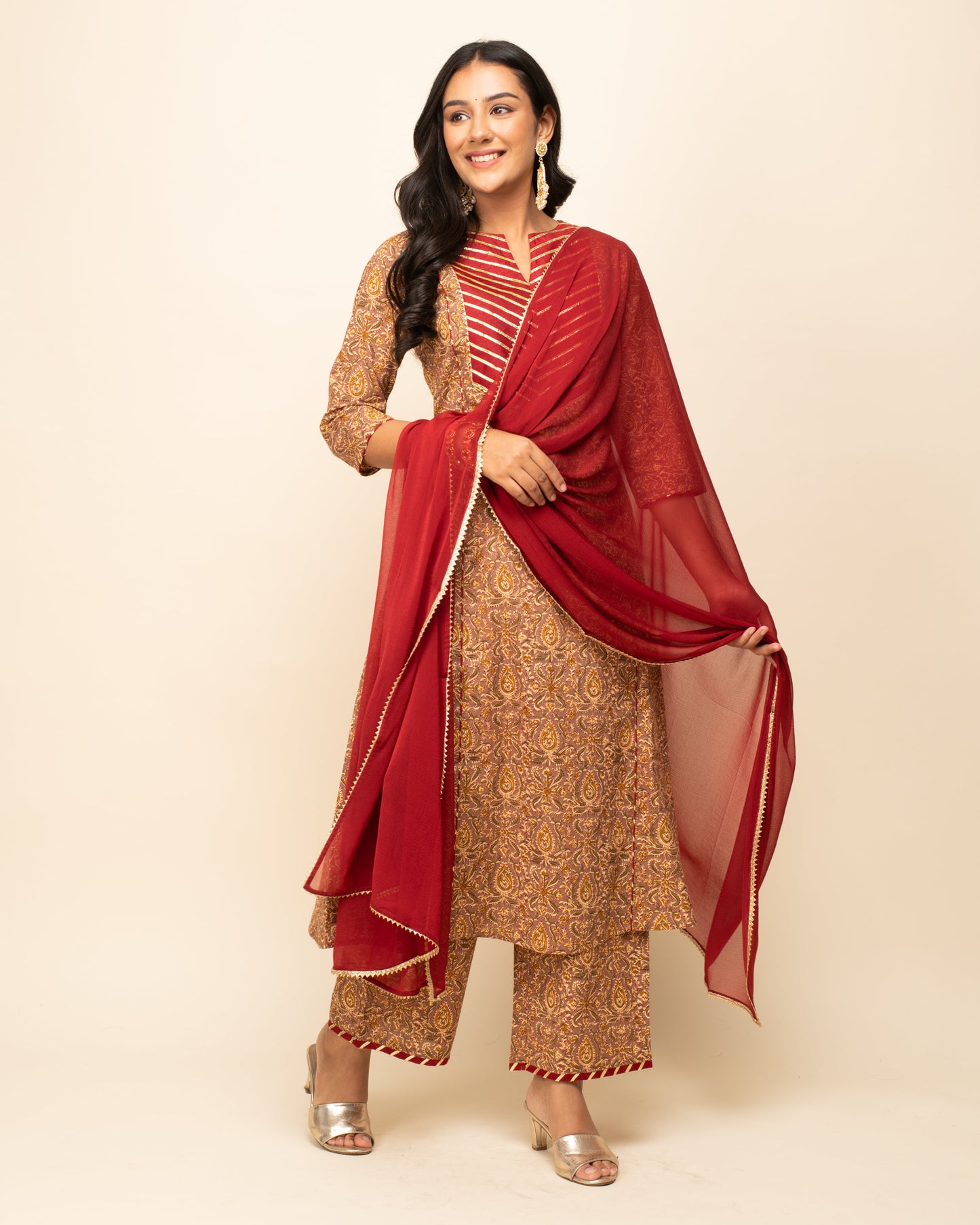 Women's Brown Cotton A-line Kurta with Pant and Dupatta
