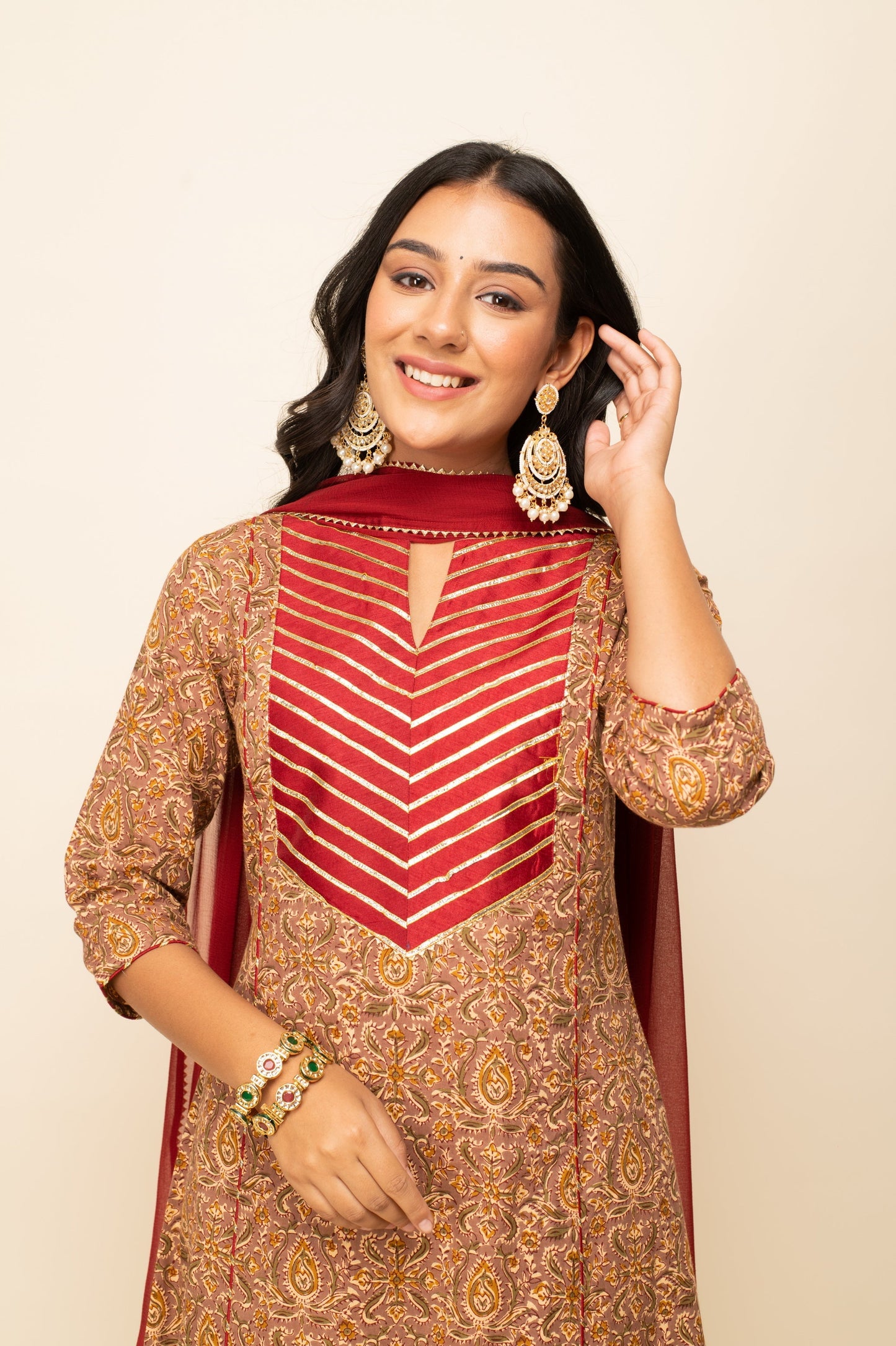 Women's Brown Cotton A-line Kurta with Pant and Dupatta