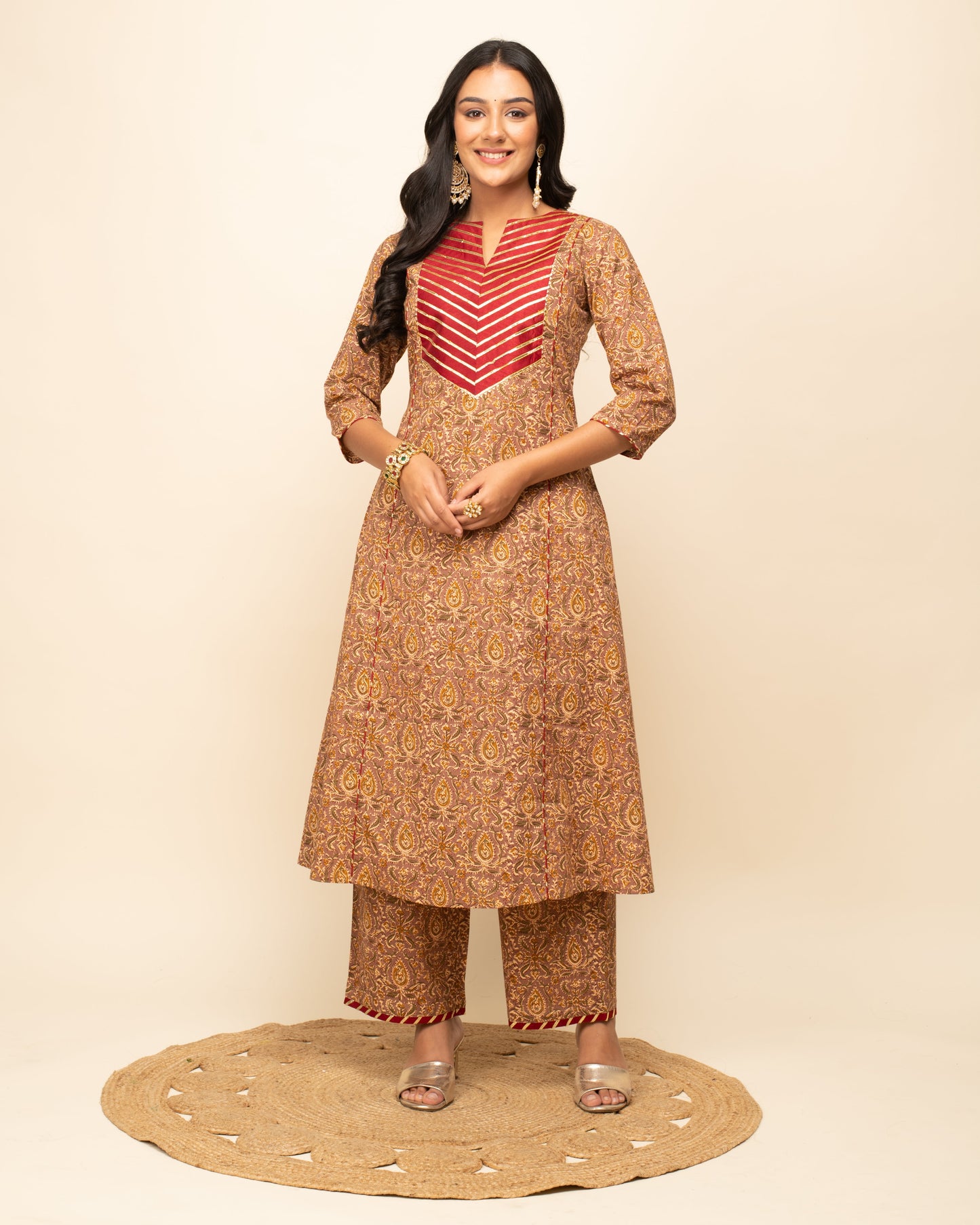 Women's Brown Cotton A-line Kurta with Pant and Dupatta