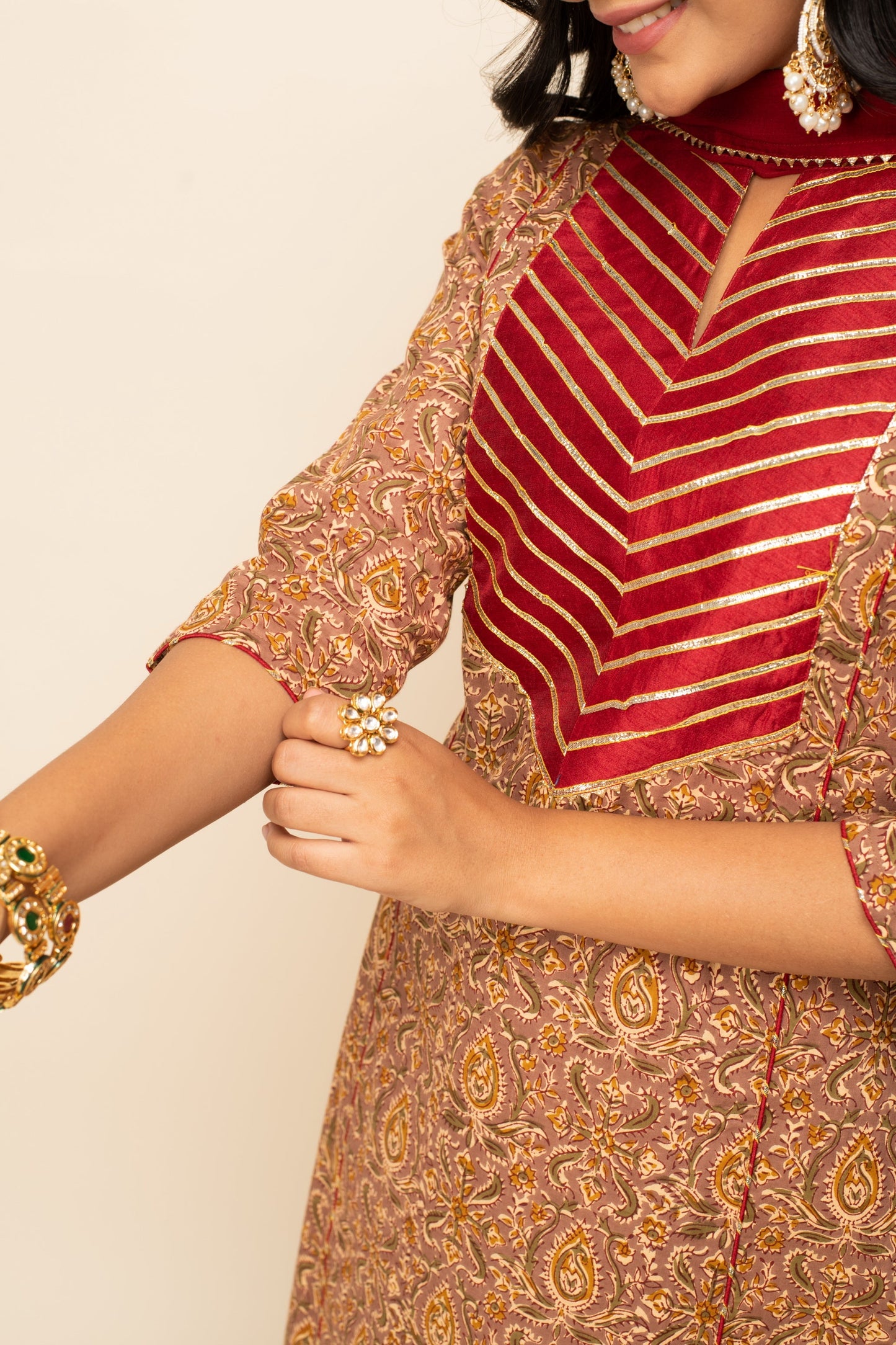 Women's Brown Cotton A-line Kurta with Pant and Dupatta