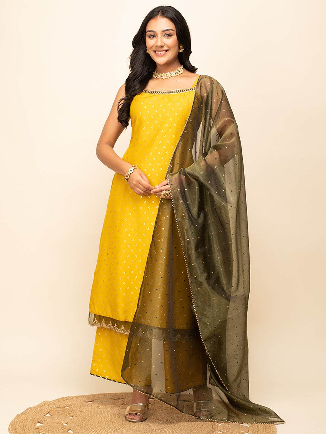 Women's Yellow Silk Blend Straight Kurta With Palazzo And Dupatta