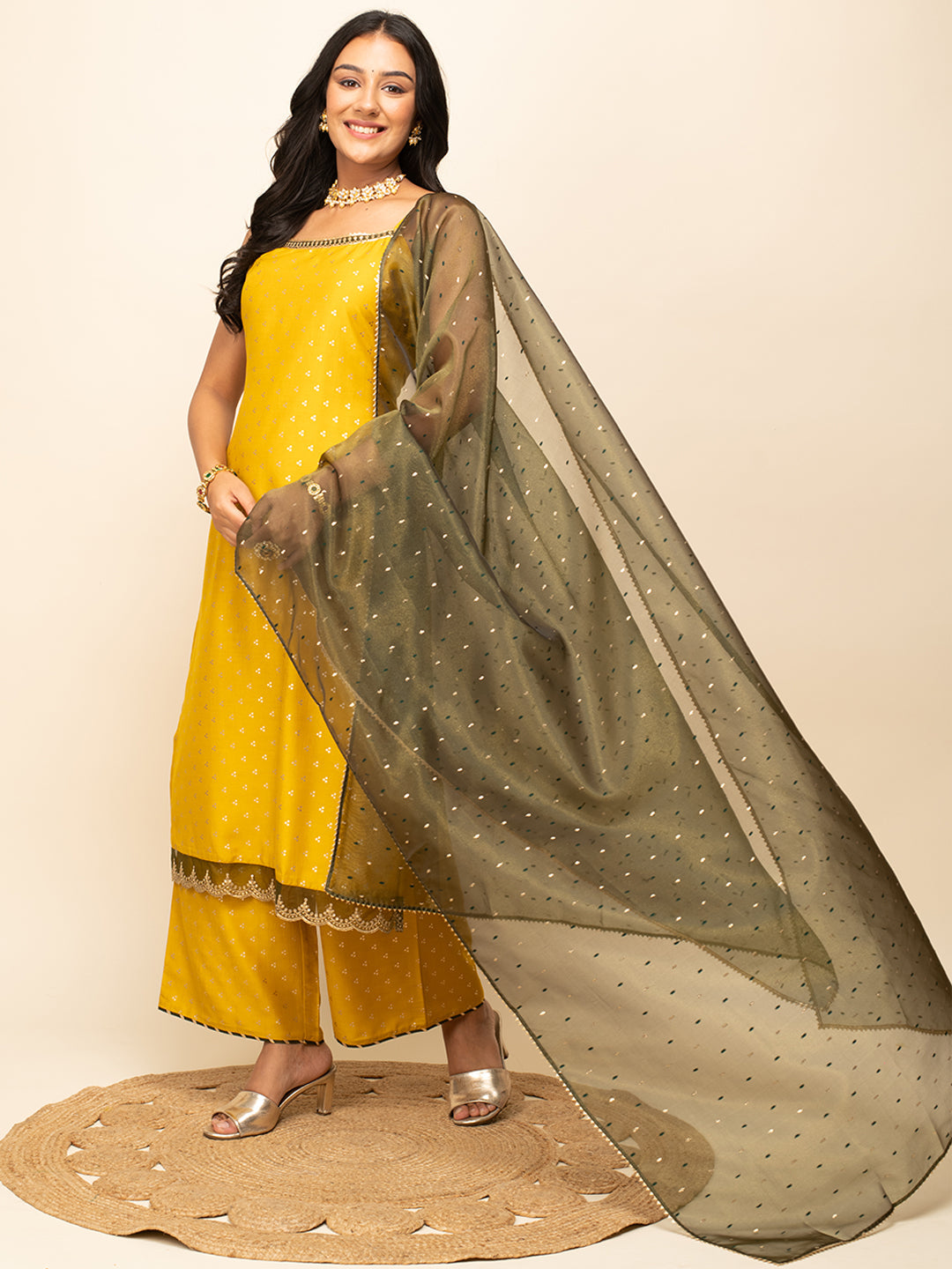 Women's Yellow Silk Blend Straight Kurta With Palazzo And Dupatta