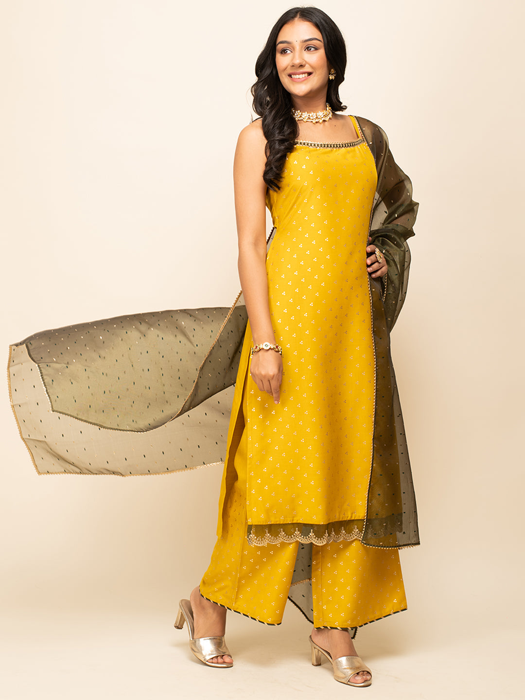 Women's Yellow Silk Blend Straight Kurta With Palazzo And Dupatta