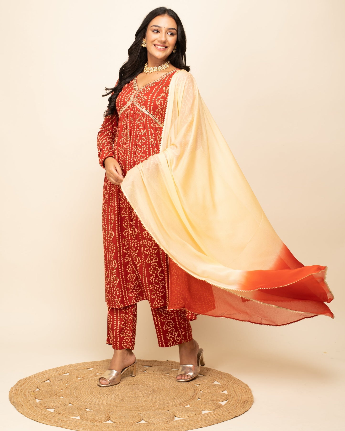 Women's Red Cotton A-Line Kurta With Pant And Dupatta