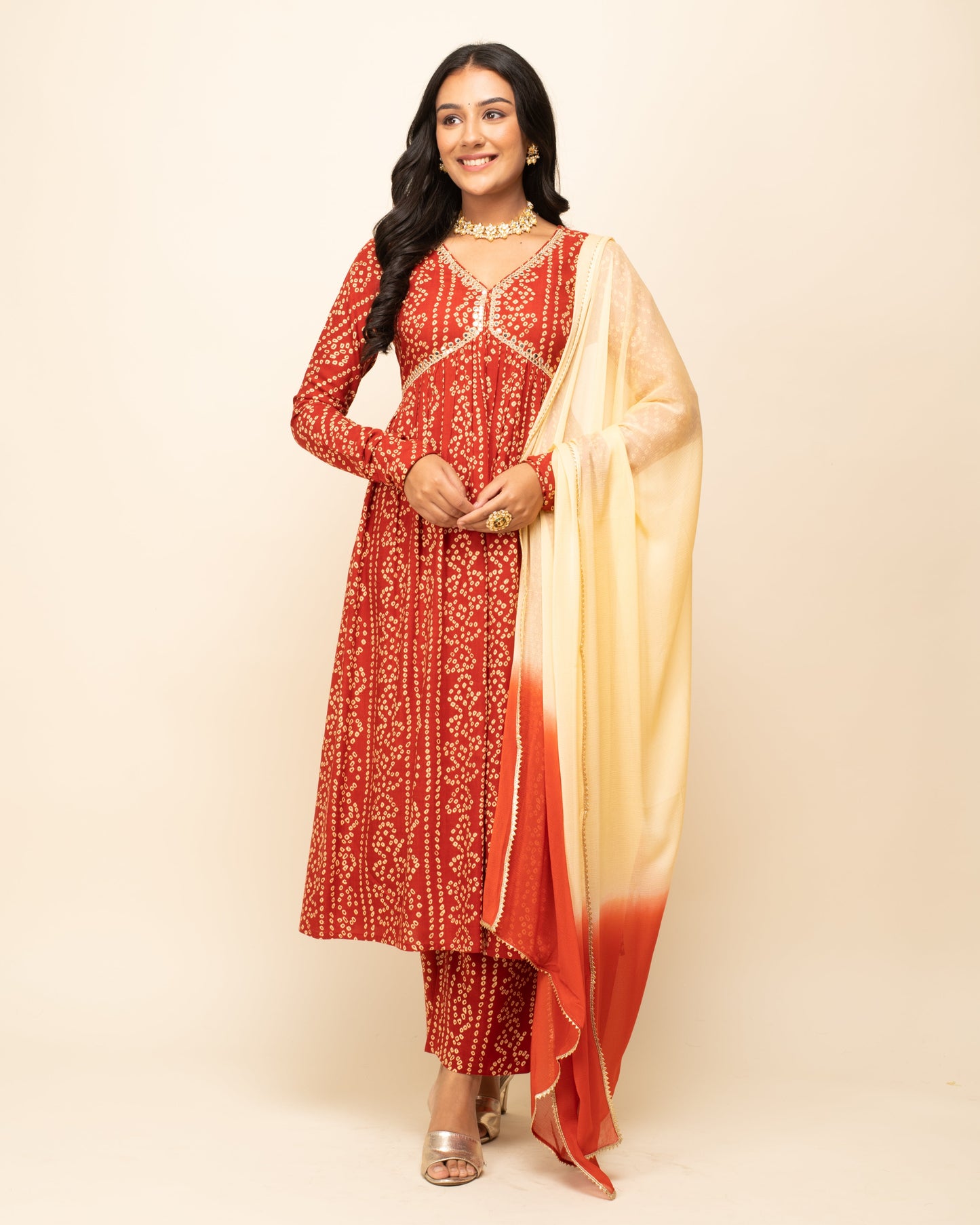 Women's Red Cotton A-Line Kurta With Pant And Dupatta