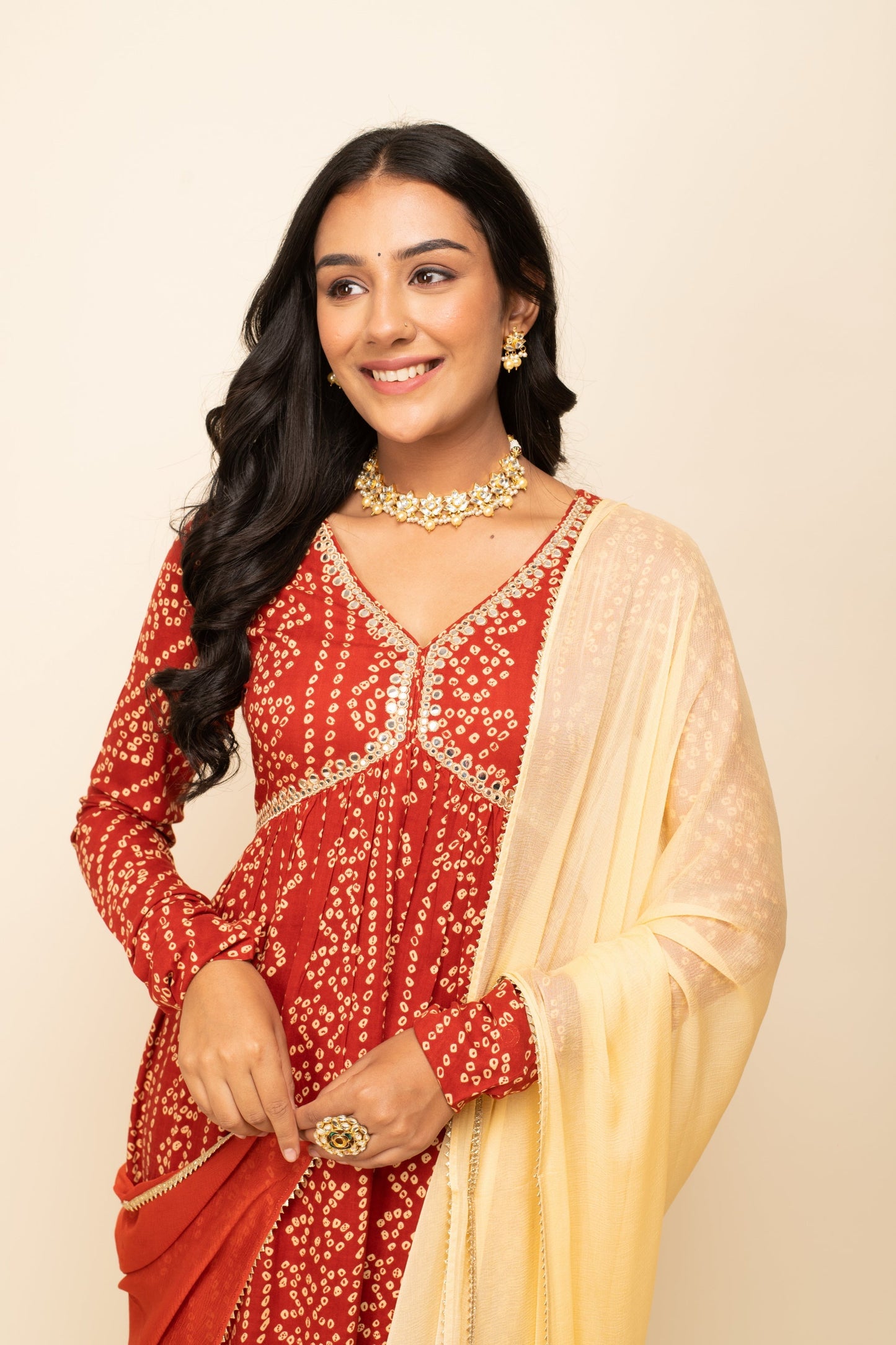 Women's Red Cotton A-Line Kurta With Pant And Dupatta