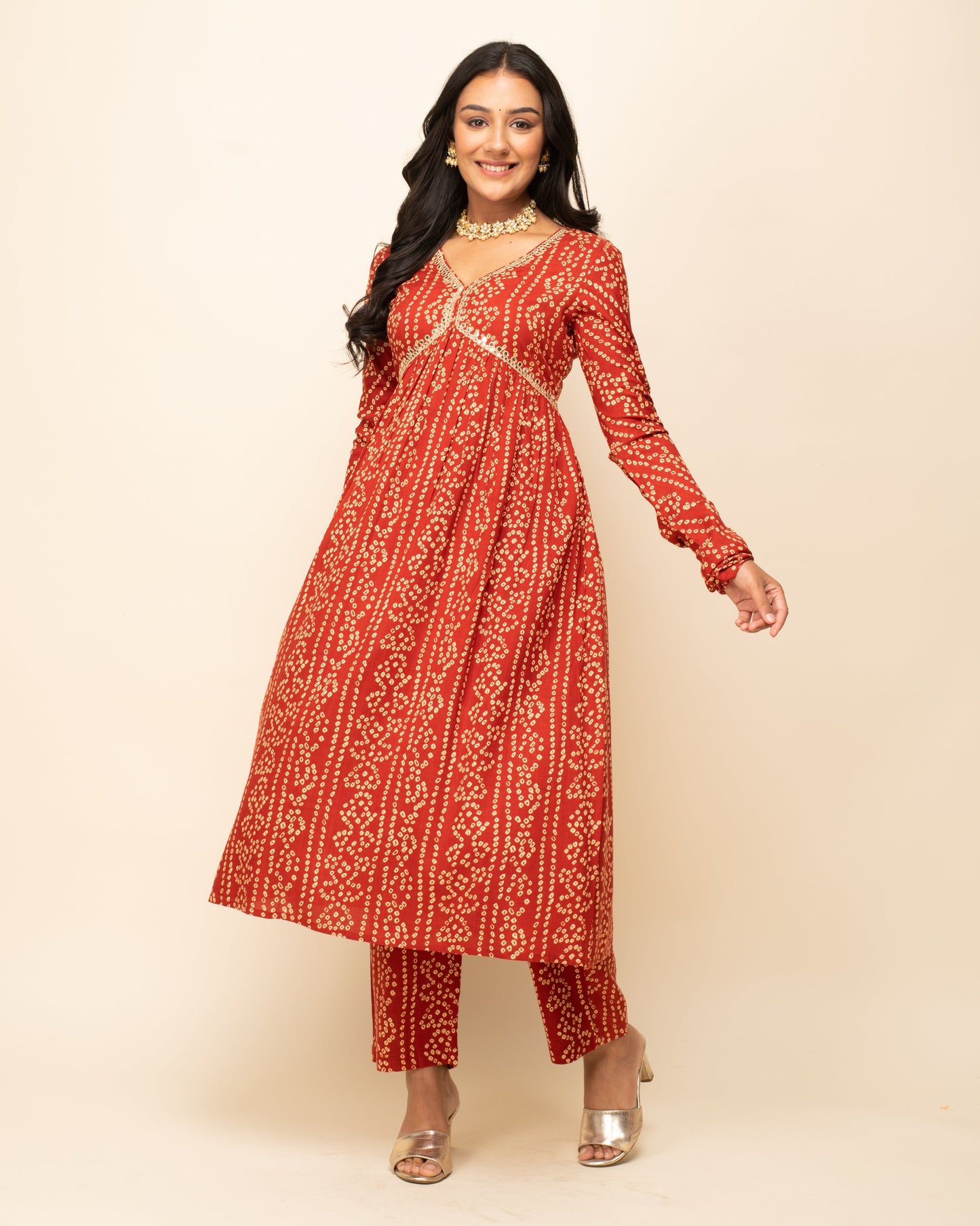 Women's Red Cotton A-Line Kurta With Pant And Dupatta