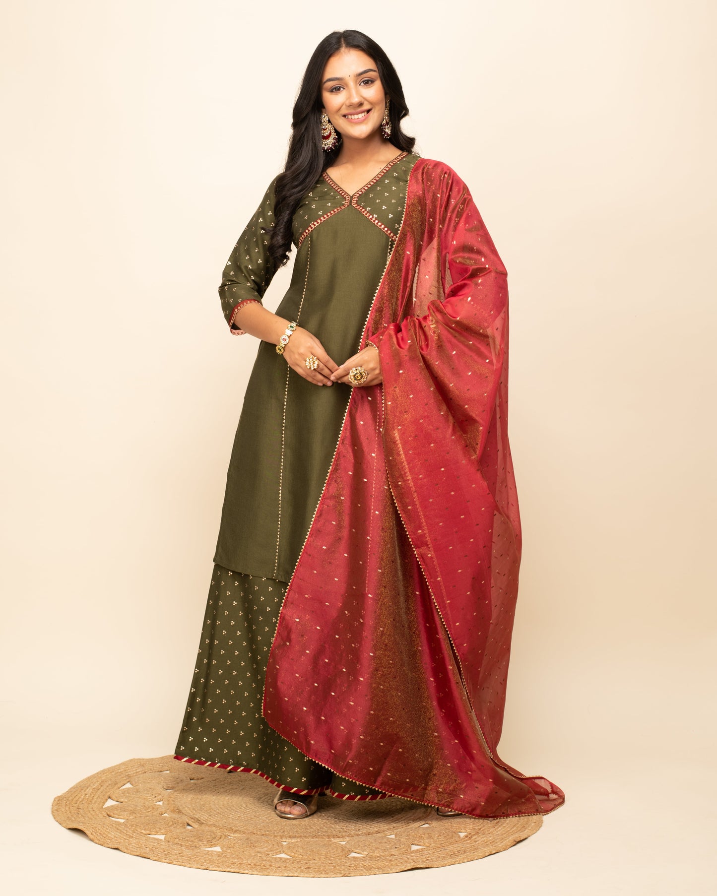 Women's Green Silk Blend Straight Kurta With Palazzo And Dupatta