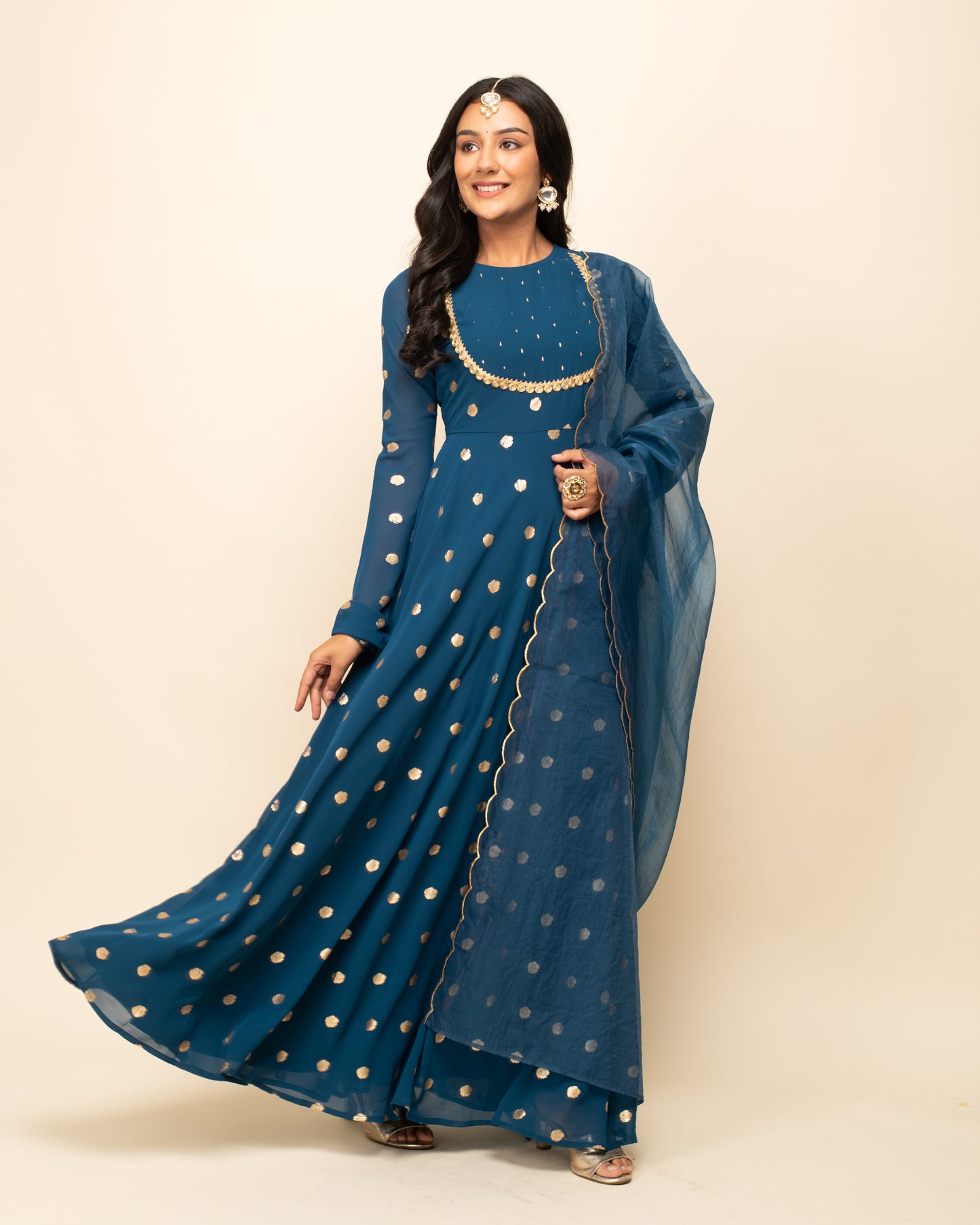Women's Teal Blue Georgette Printed Gown With Dupatta