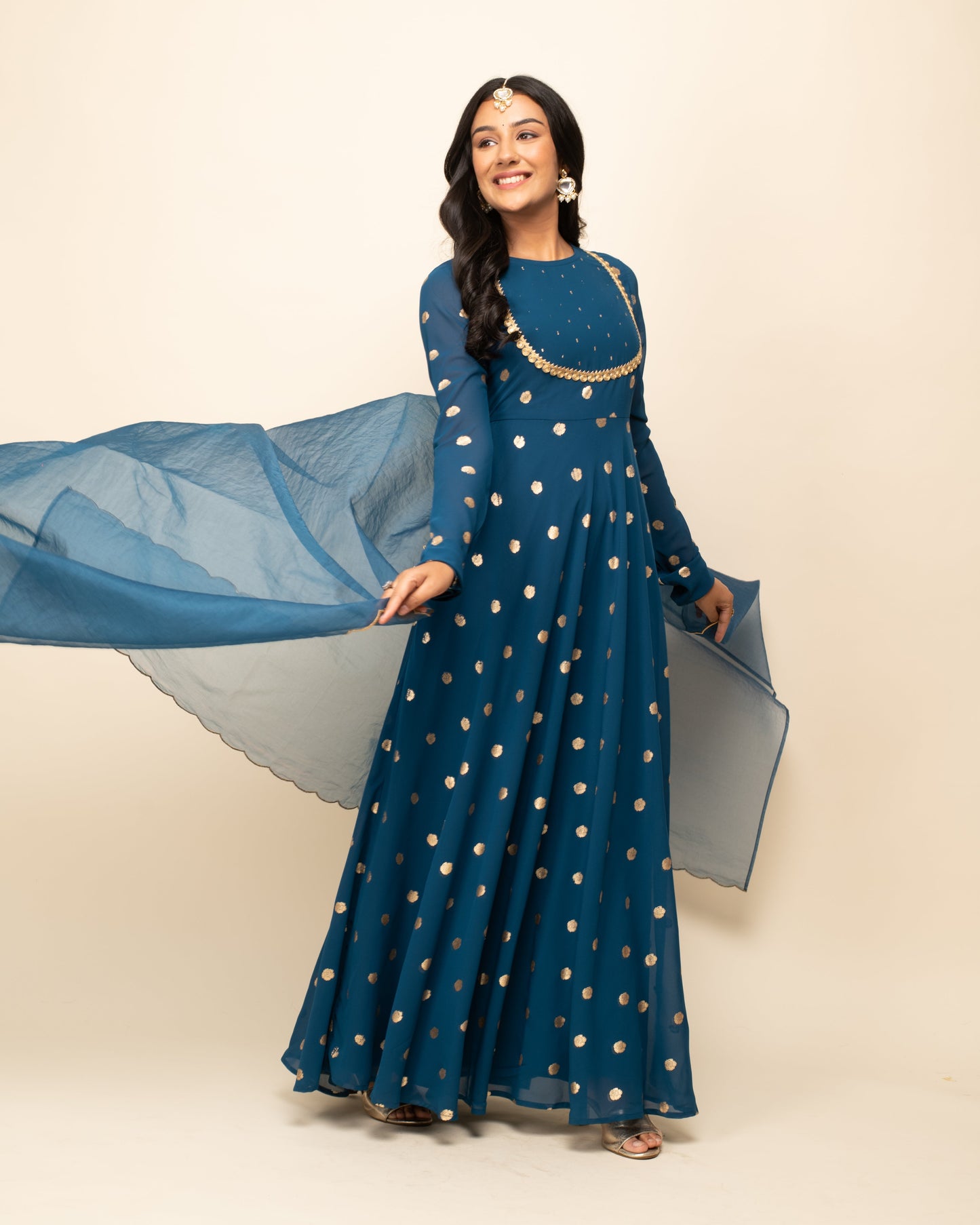 Women's Teal Blue Georgette Printed Gown With Dupatta