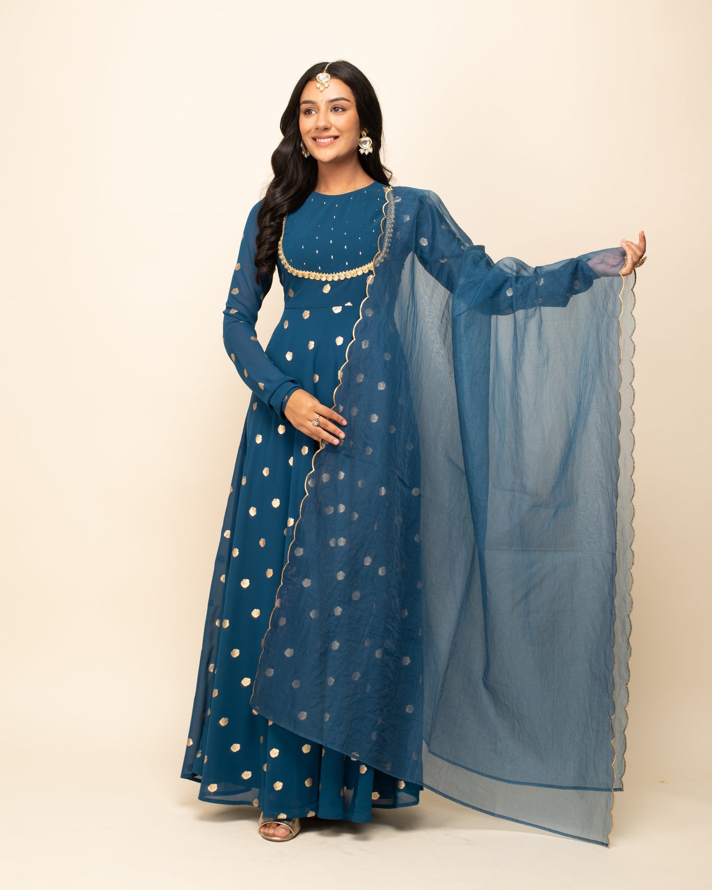 Women's Teal Blue Georgette Printed Gown With Dupatta