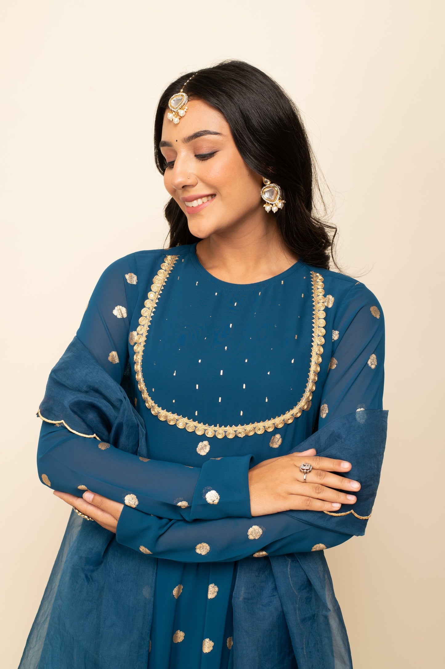 Women's Teal Blue Georgette Printed Gown With Dupatta