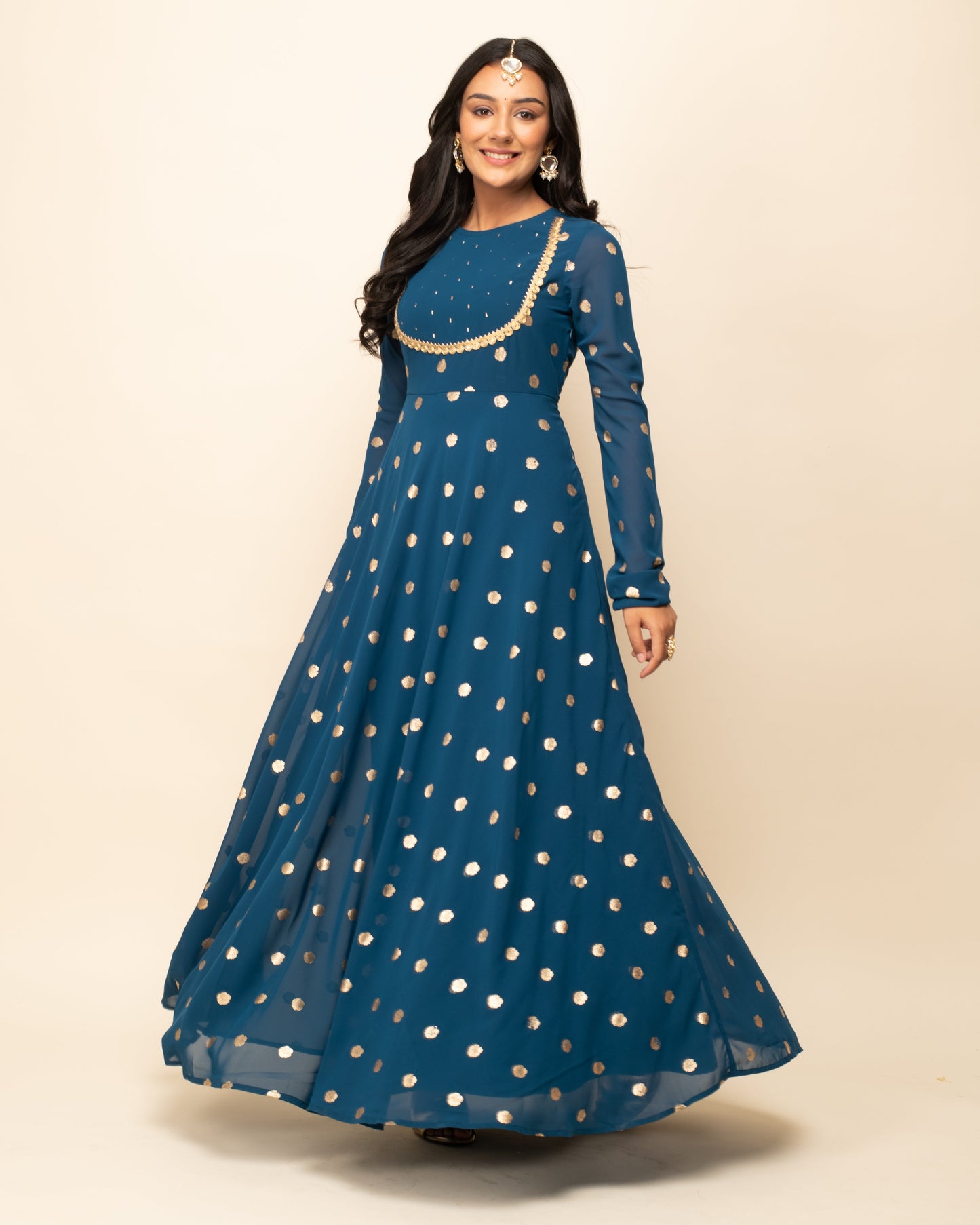 Women's Teal Blue Georgette Printed Gown With Dupatta