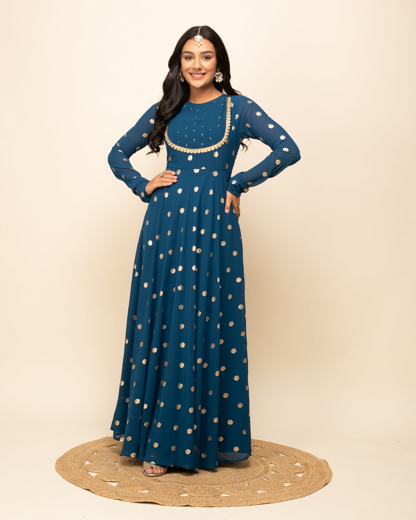 Women's Teal Blue Georgette Printed Gown With Dupatta