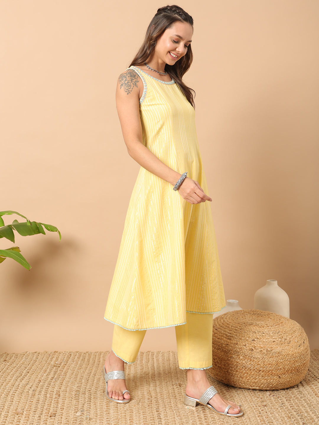 Women's Light Yellow Lurex Cotton A-Line Kurta and Pant With Dupatta