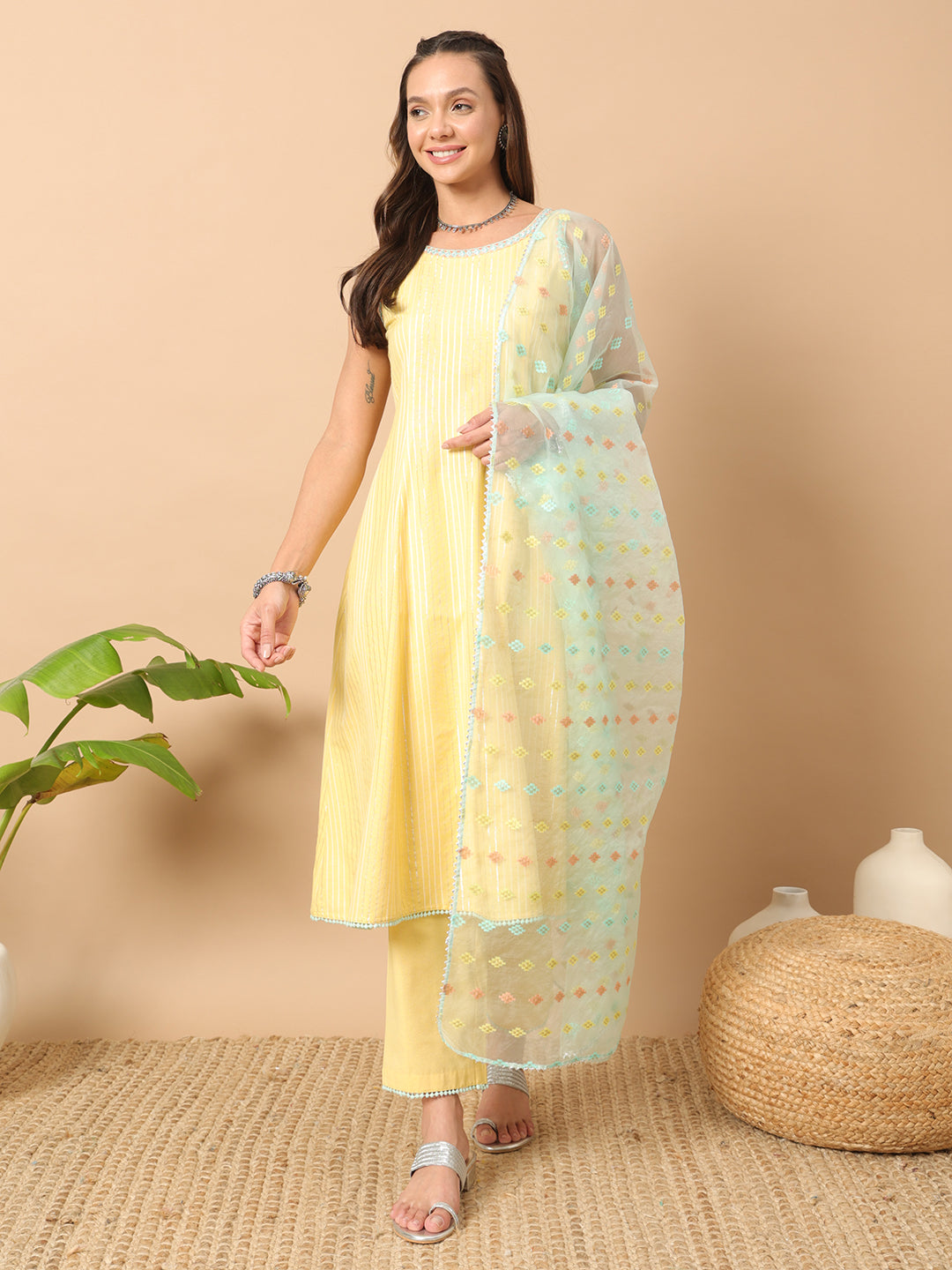 Women's Light Yellow Lurex Cotton A-Line Kurta and Pant With Dupatta