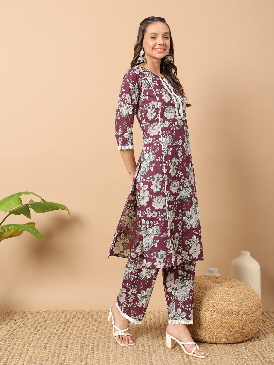 Women's Wine Cotton Straight Kurta Set