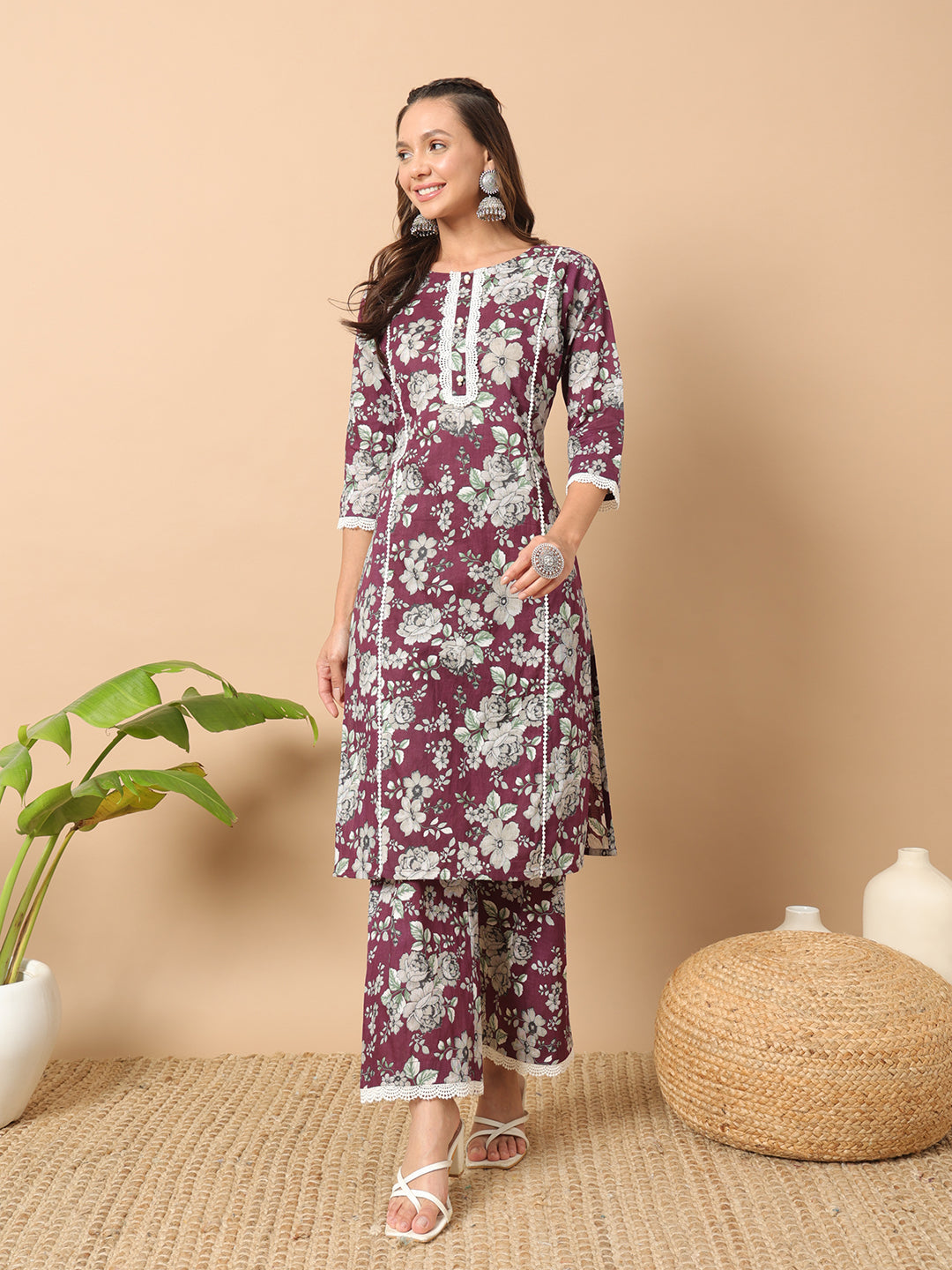 Women's Wine Cotton Straight Kurta Set