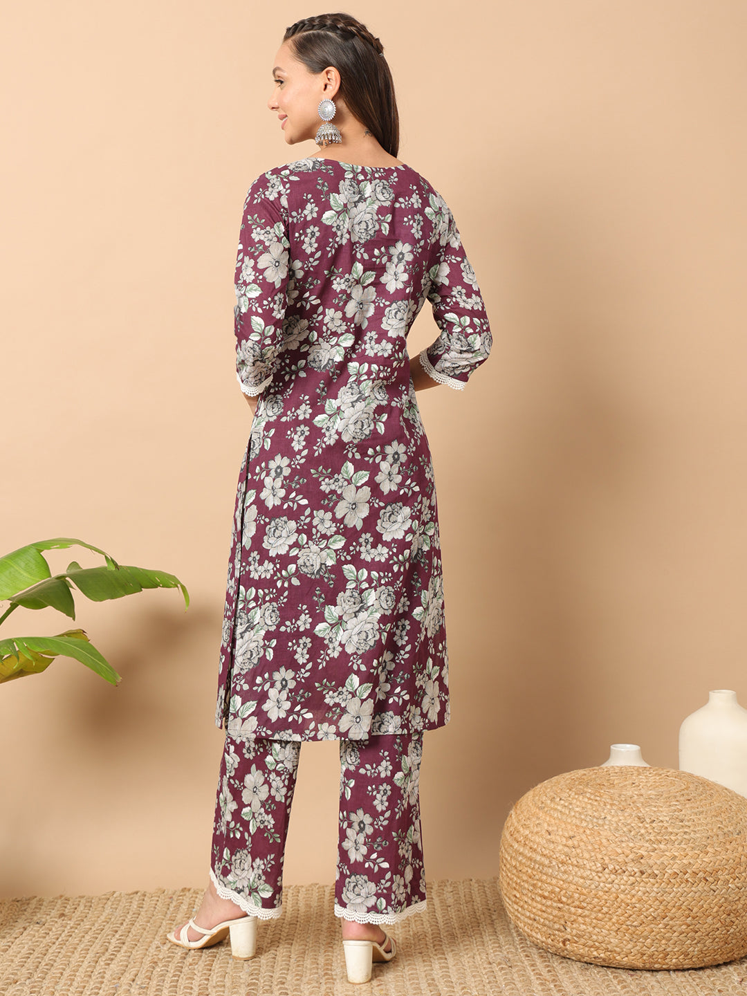 Women's Wine Cotton Straight Kurta Set