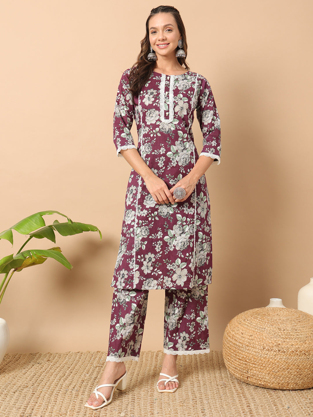 Women's Wine Cotton Straight Kurta Set