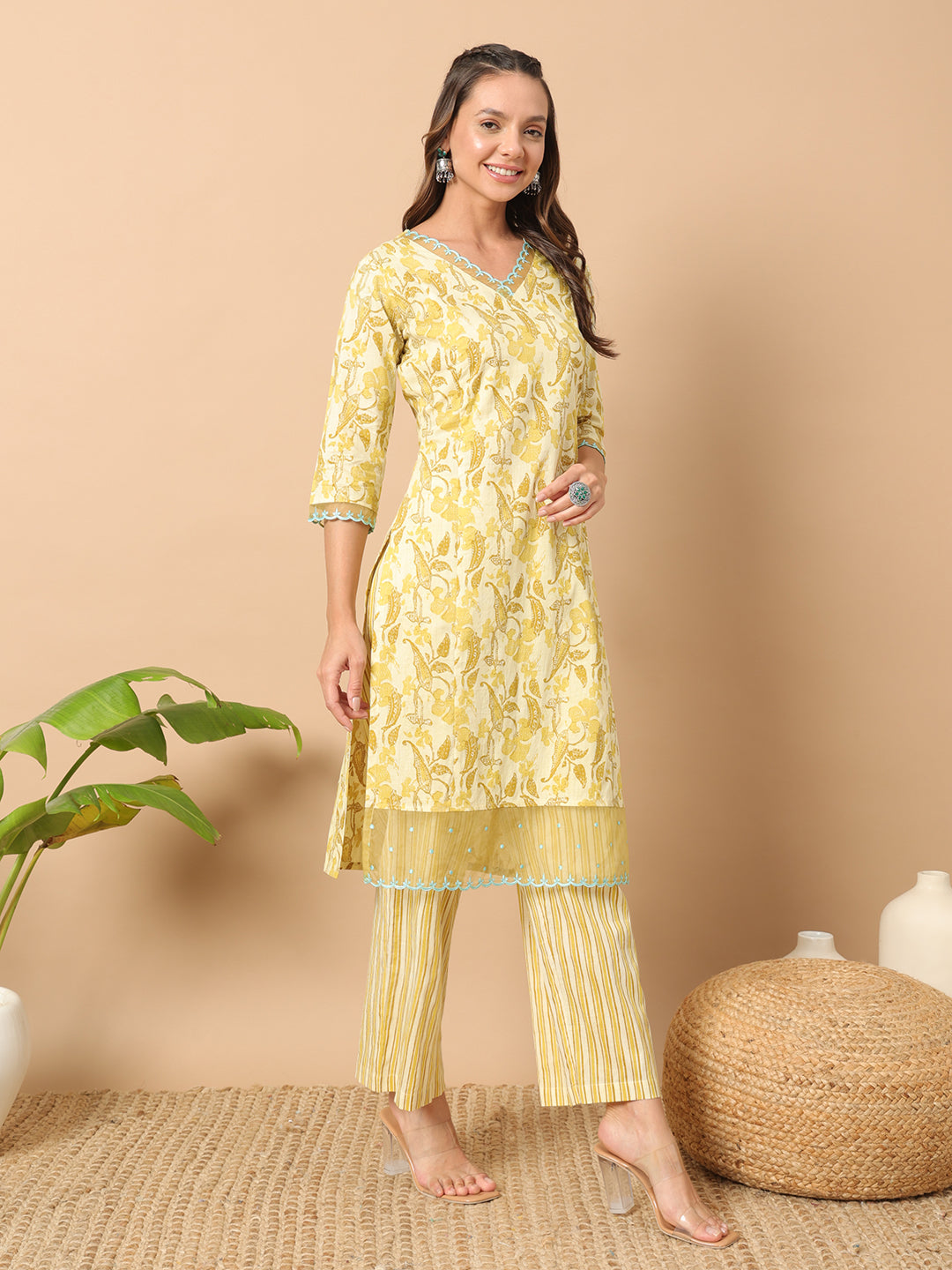 Women's Yellow Cotton Straight Kurta and Pant