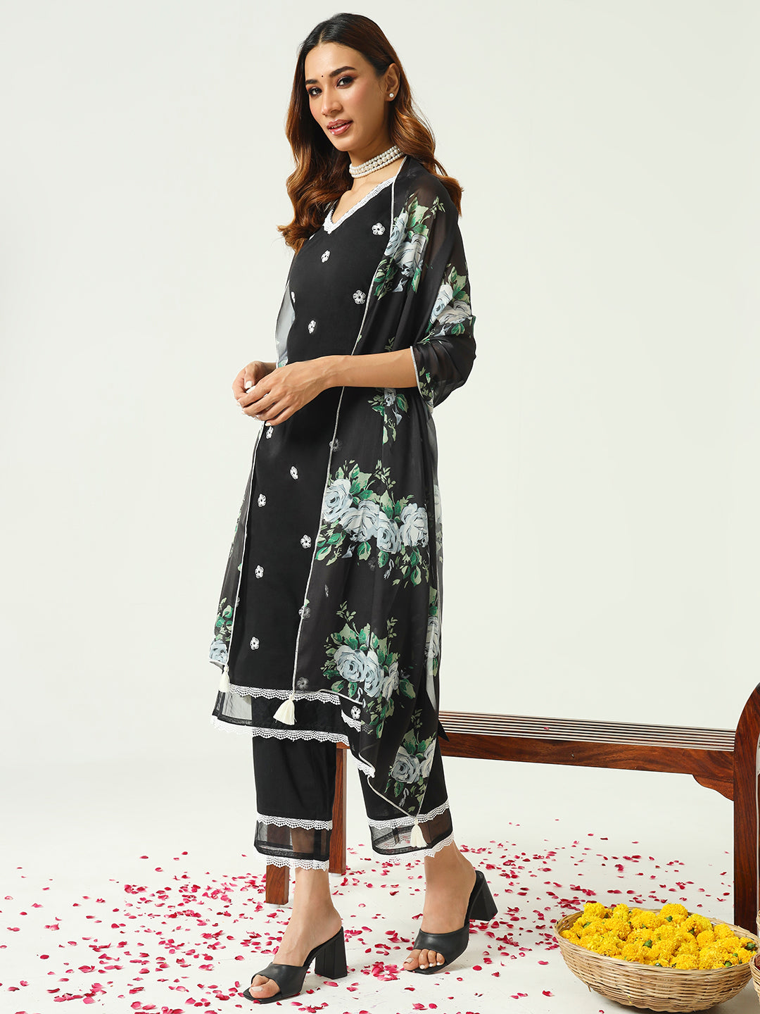 Women's Black Cotton Straight Kurta and Pant With Dupatta