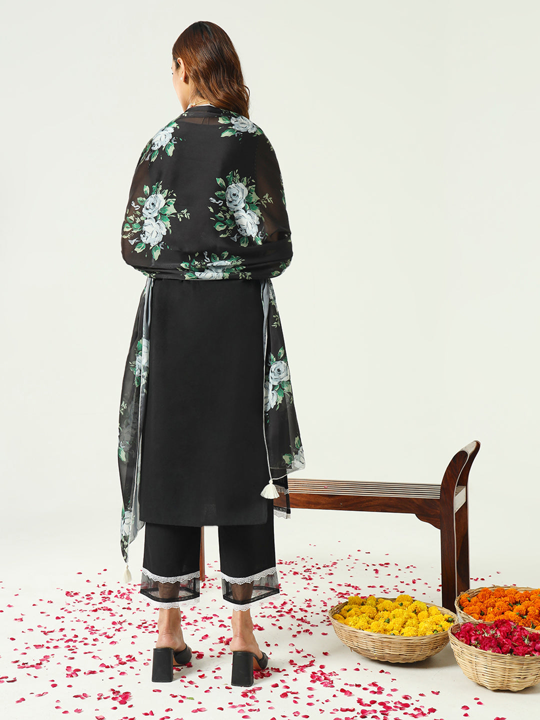Women's Black Cotton Straight Kurta and Pant With Dupatta
