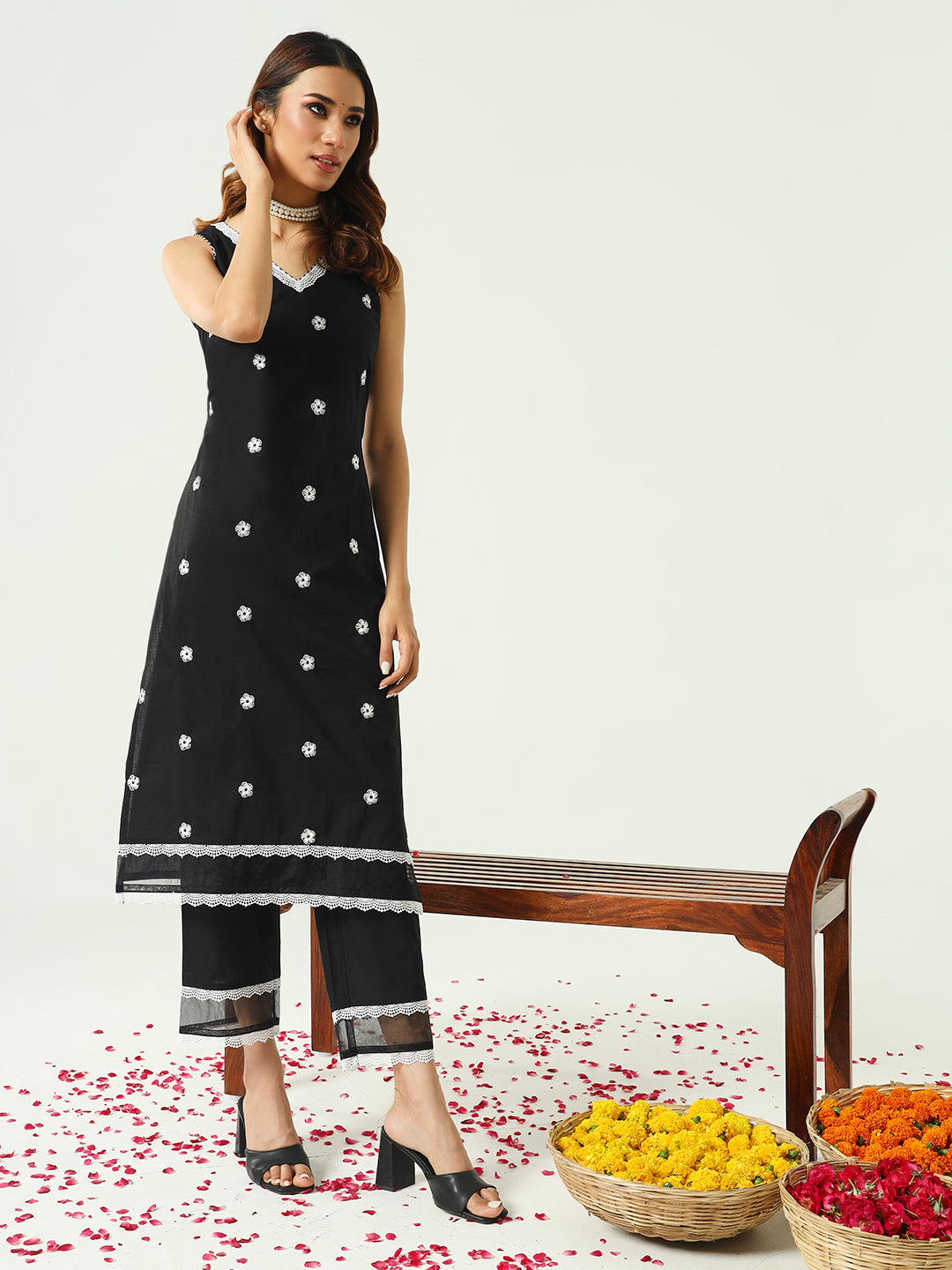Women's Black Cotton Straight Kurta and Pant With Dupatta