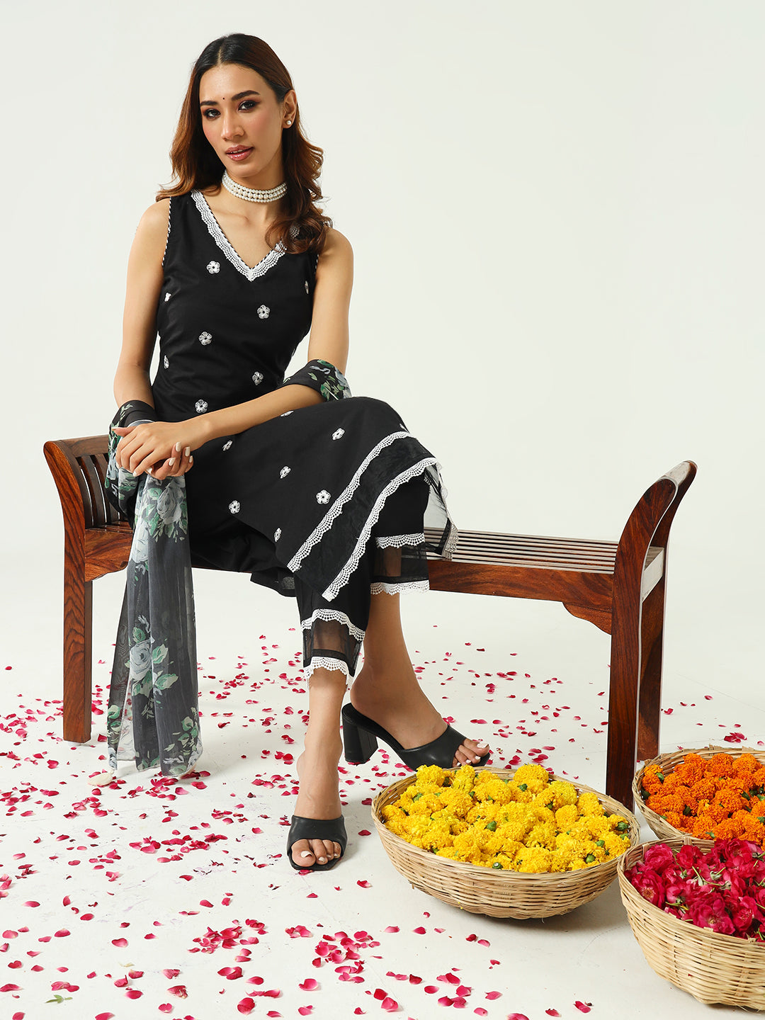 Women's Black Cotton Straight Kurta and Pant With Dupatta