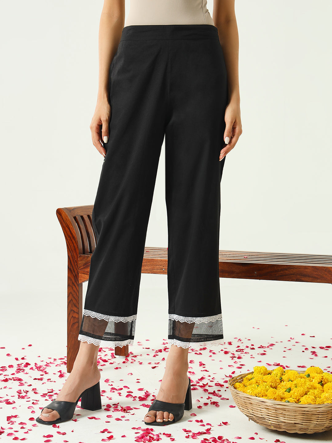 Women's Black Cotton Straight Kurta and Pant With Dupatta
