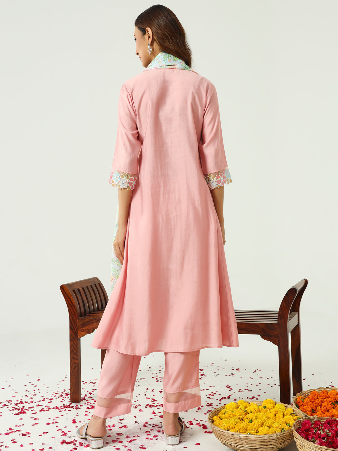 Women's Peach Viscose Chanderi A-line Kurta with Pant and Dupatta