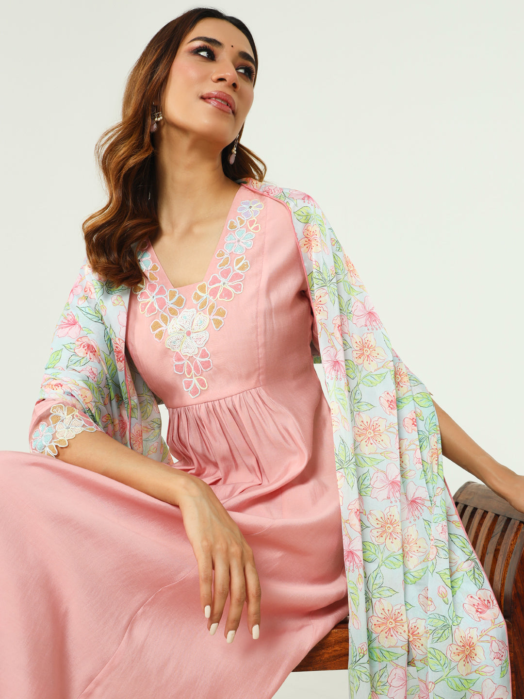 Women's Peach Viscose Chanderi A-line Kurta with Pant and Dupatta