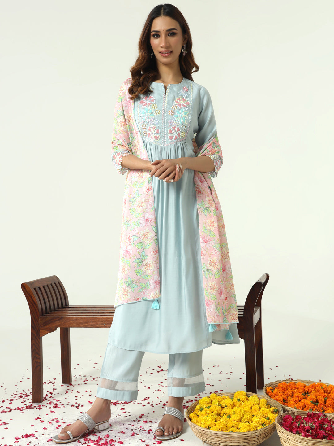 Women's Sky Blue Viscose Chanderi A-line Kurta with Pant and Dupatta