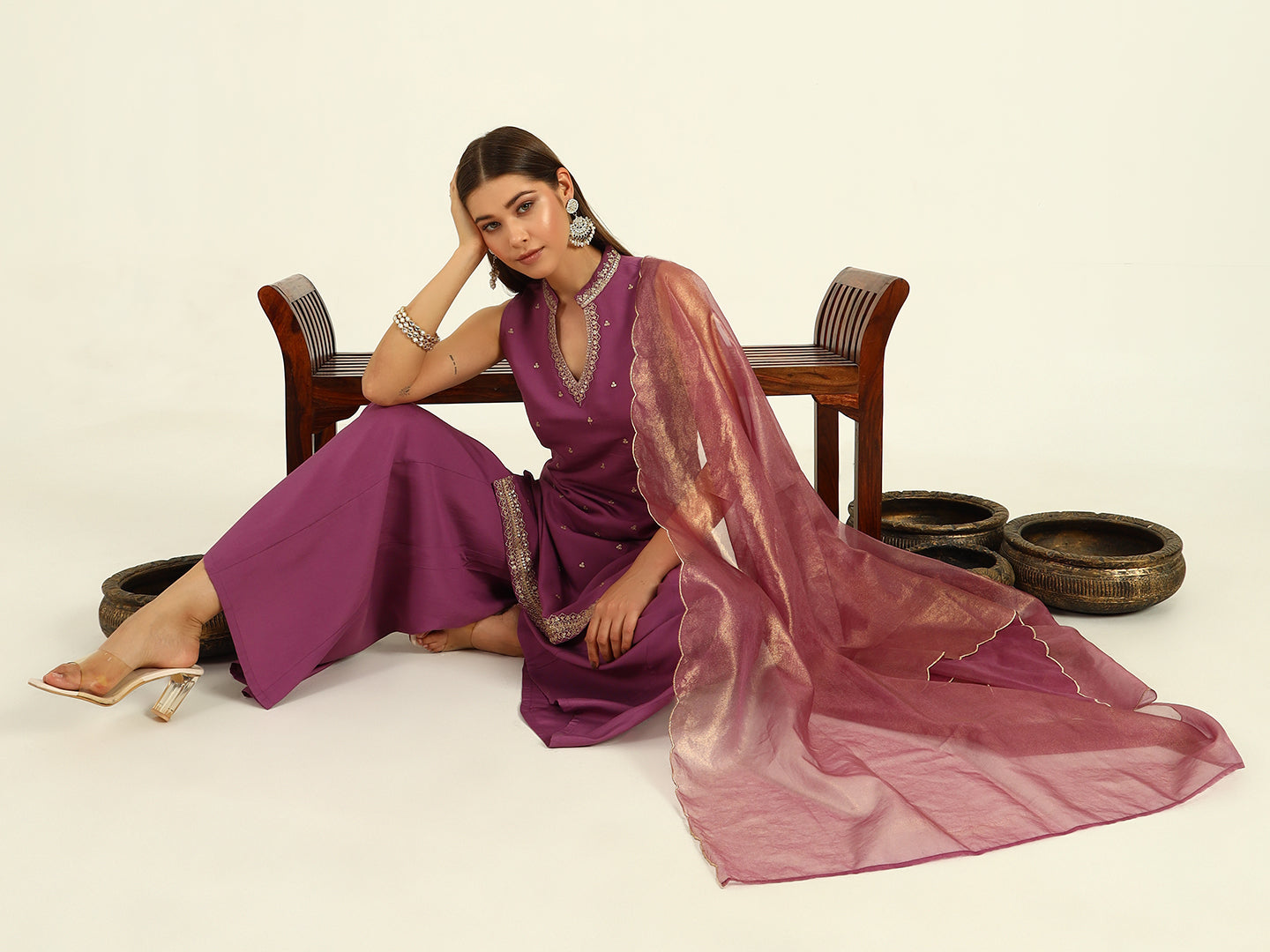 Women's Lavender Viscose Chanderi Straight Kurta with Palazzo and Dupatta
