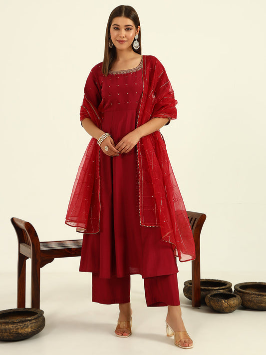 Women's Maroon Viscose Chanderi A-line Kurta with Pant and Dupatta