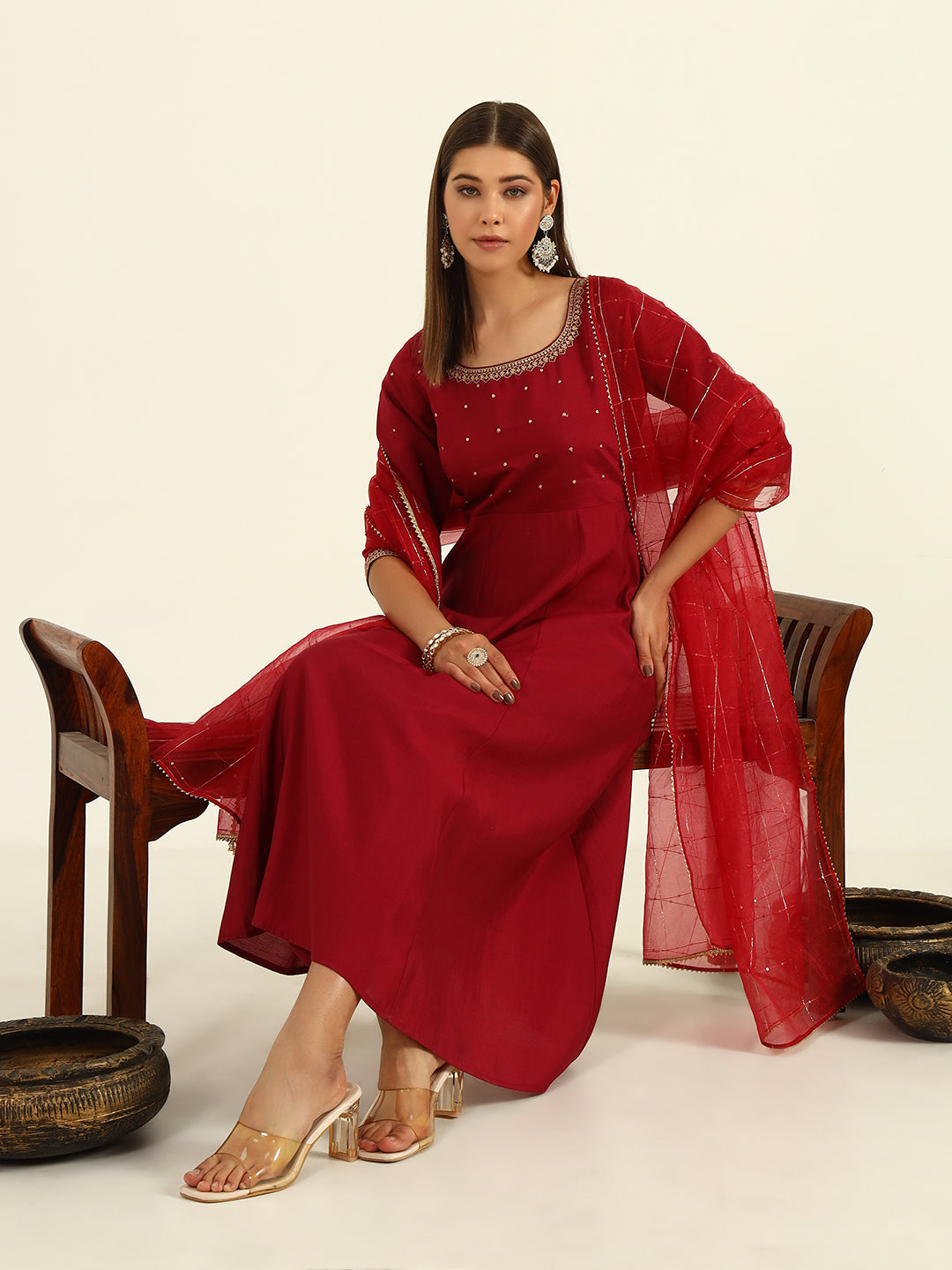 Women's Maroon Viscose Chanderi A-line Kurta with Pant and Dupatta