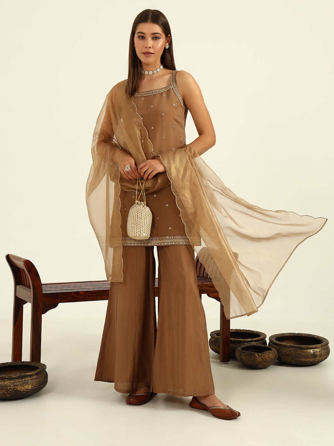 Women's Brown Viscose Chanderi Straight Kurta with Palazzo and Dupatta