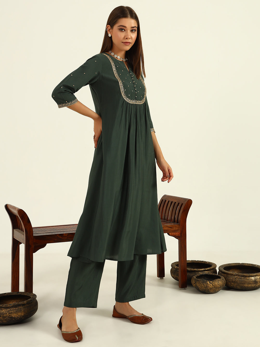 Women's Green Viscose Chanderi A-line Kurta with Pant and Dupatta