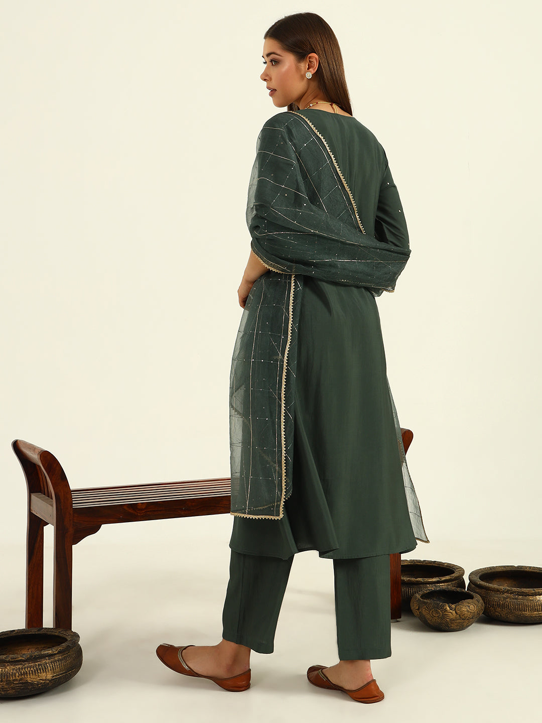 Women's Green Viscose Chanderi A-line Kurta with Pant and Dupatta