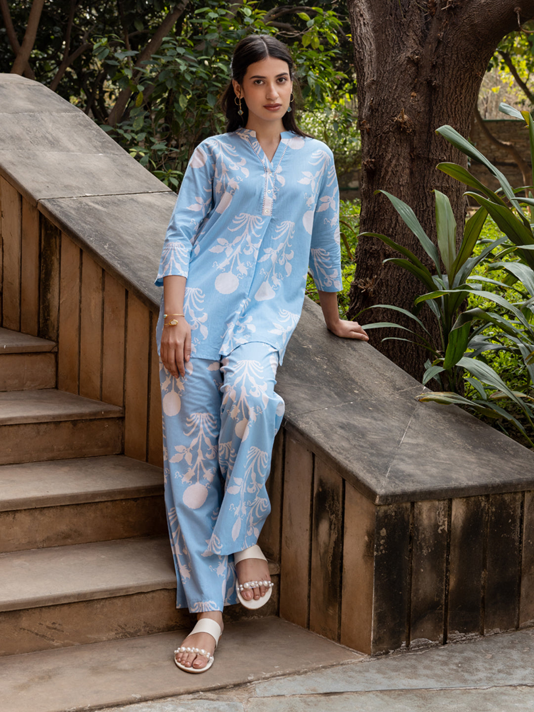 Dhiyona FL Women's Sky Blue Cotton Printed Co-ord Set