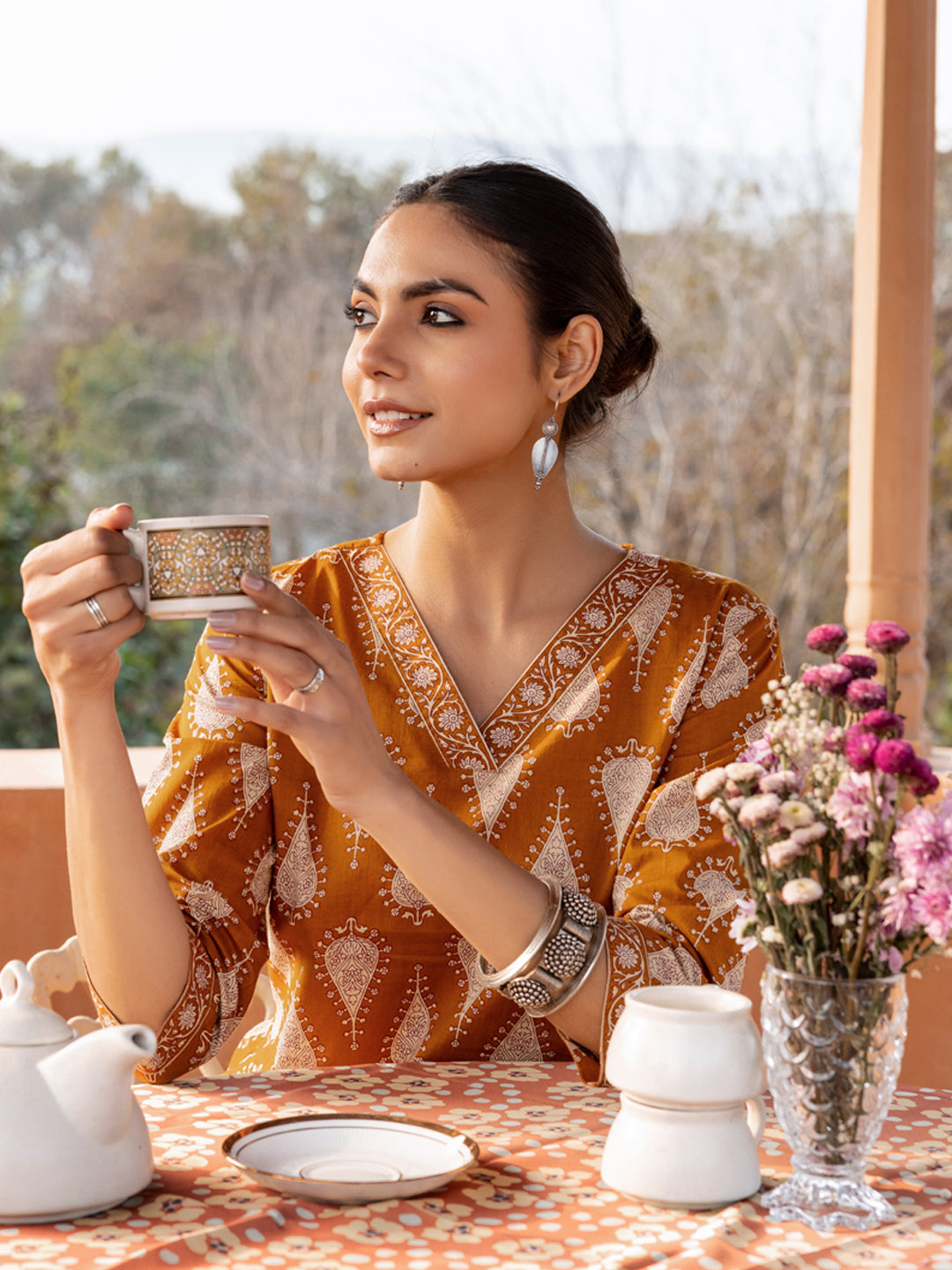 Dhiyona FL Women's Mustard Cotton Printed Straight-Cut Kurta Set