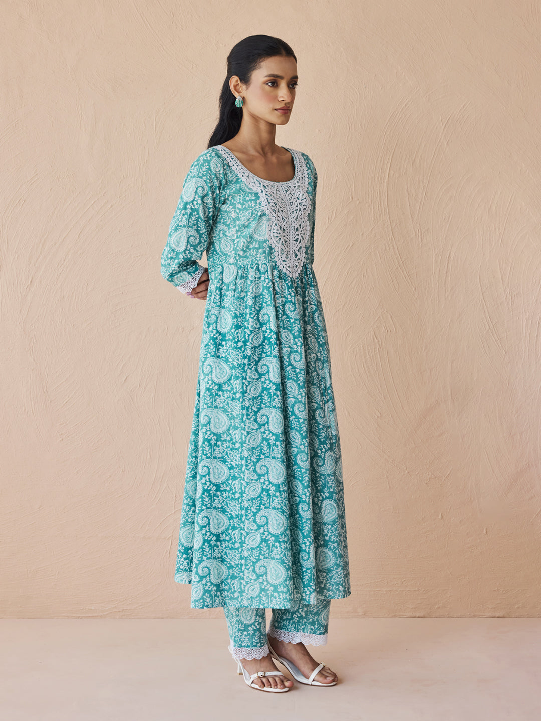 Dhiyona FL Women's Firozi Printed Cotton Anarkali Kurta Set with Dupatta